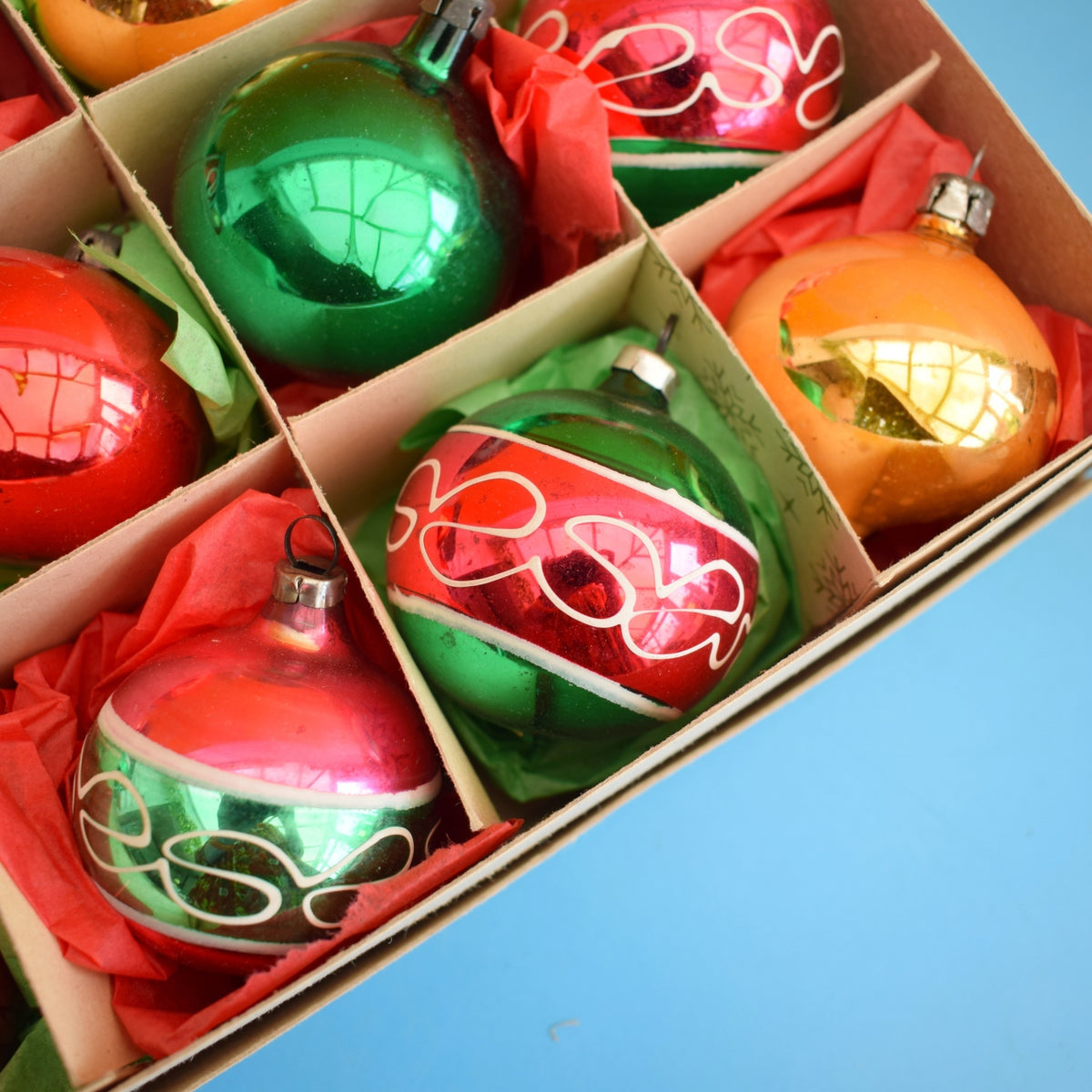 Vintage 1970s Glass Christmas Baubles - Boxed - Red, Green & Gold by Pineapple Retro