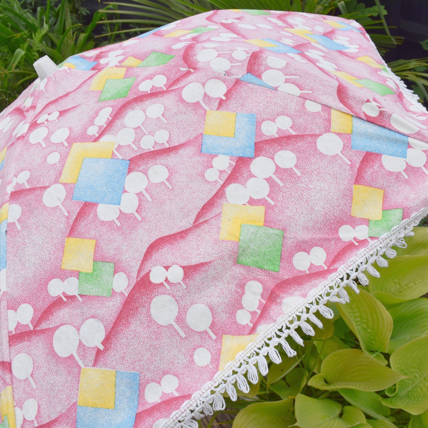 Vintage 1980s Garden Parasol - Pink Shapes / Sweets