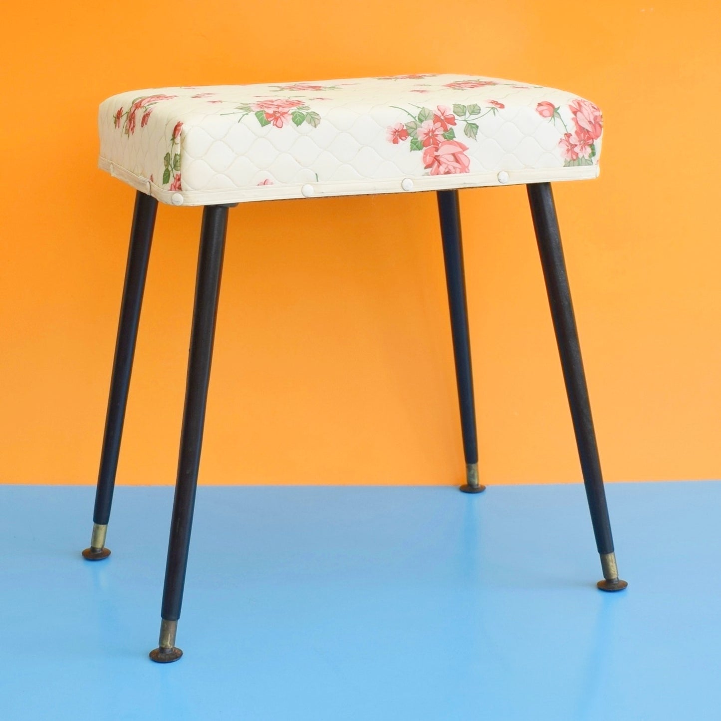Vintage 1950s Quilted Vinyl Rose Print Stool - Pink by Pineapple Retro