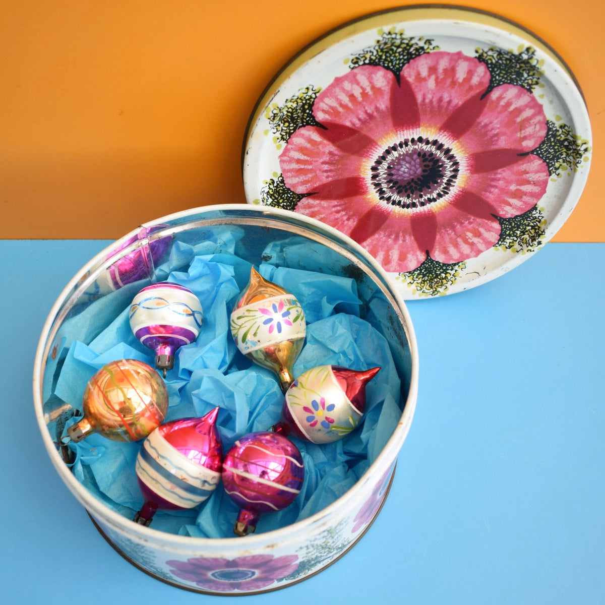 Vintage 1950s Glass Christmas Baubles - Smaller In Flower Tin - Pinks by Pineapple Retro