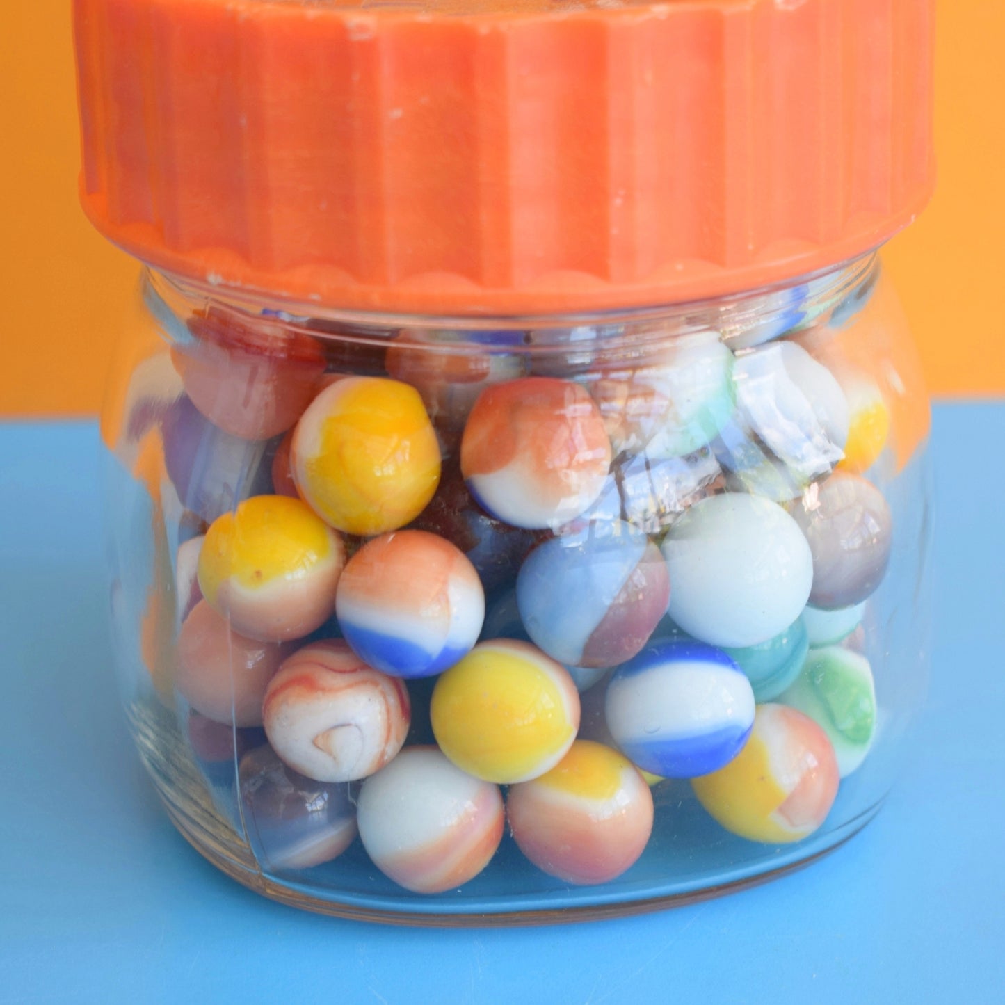 Vintage 1970s Glass Marbles - & Jar - Toothpaste Marbles