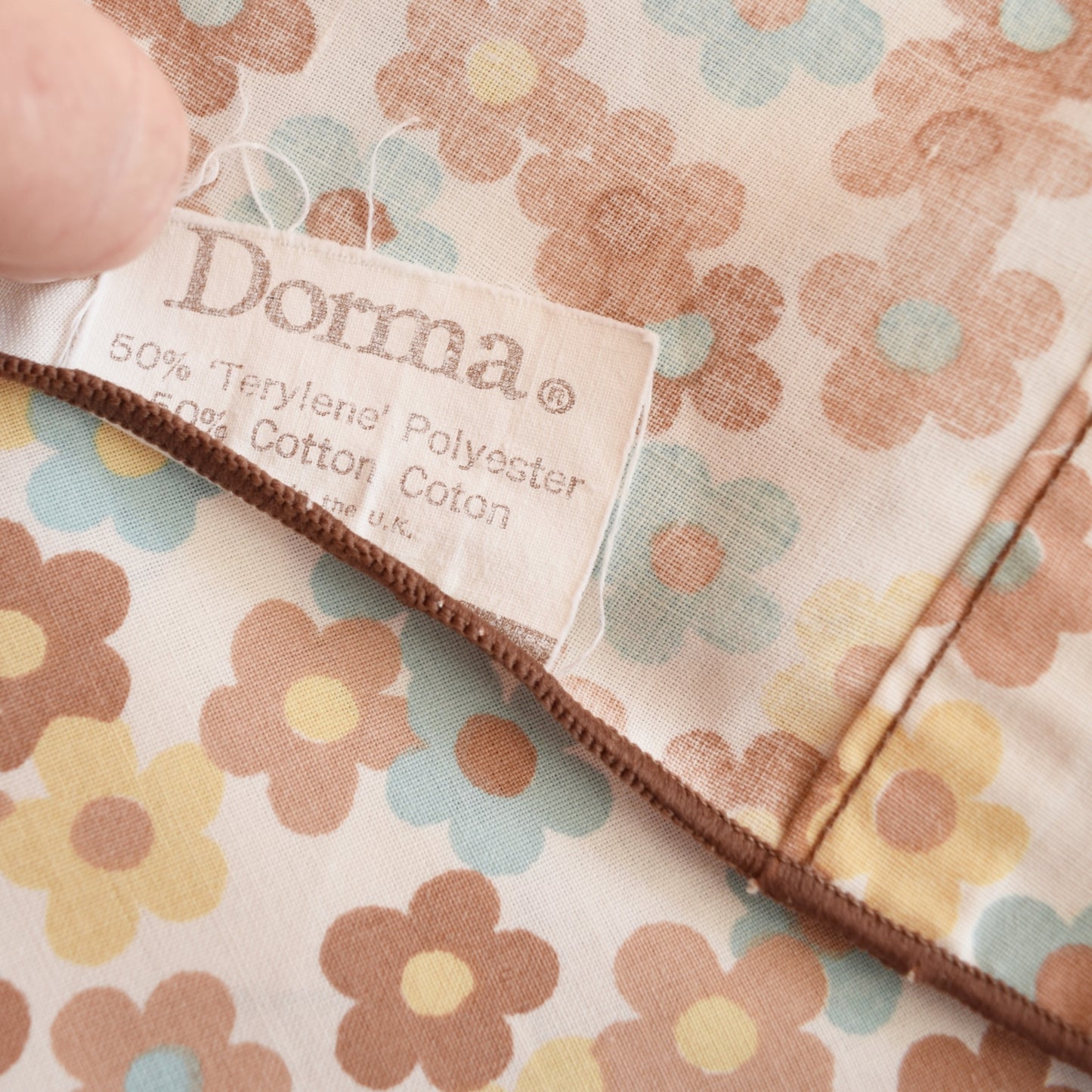 Vintage 1970s Flat Sheet/ Fabric - Floral- Brown & Duck Egg Blue