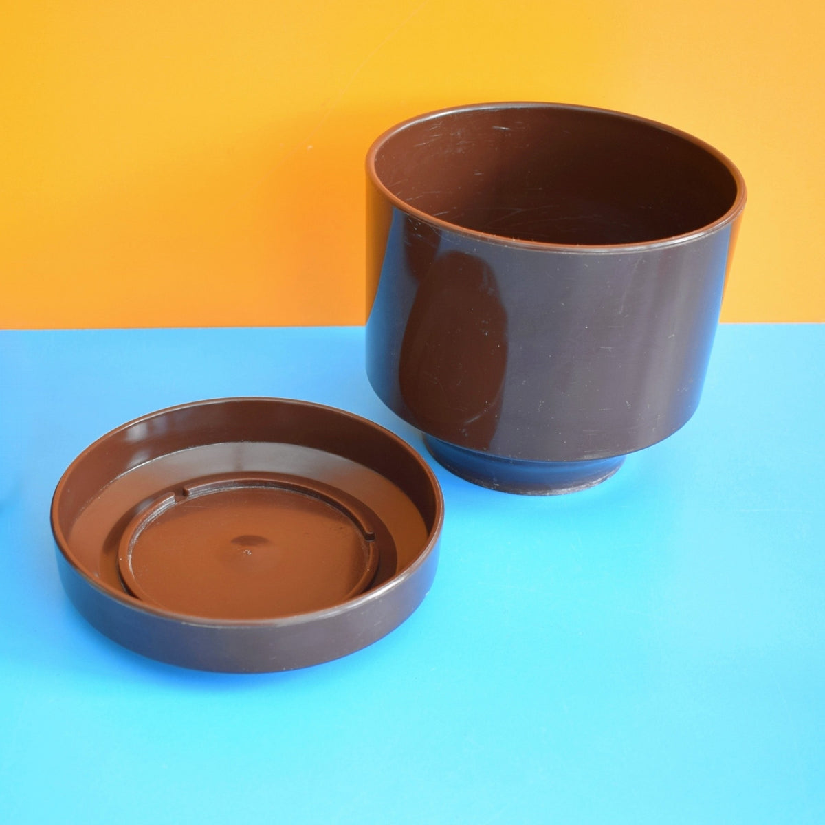 Vintage 1970s Plastic Planter Pair - Ingrid - Brown & Saucers by Vintage