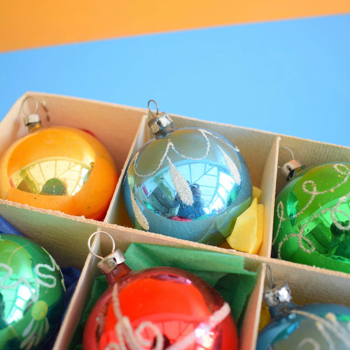 Vintage 1970s Medium Glass Christmas Baubles - Boxed - Mixed Colours by Pineapple Retro