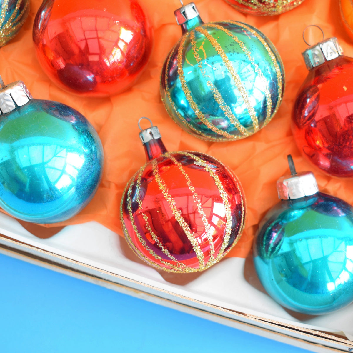 Vintage 1970s Glass Christmas Baubles - Boxed - Red, Turquoise & Gold by Pineapple Retro