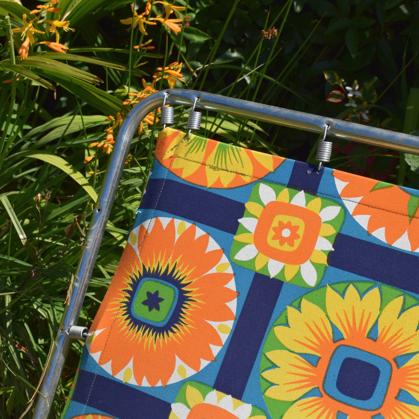 Vintage 1970s Garden Sun Lounger - Blue & Orange Flowers