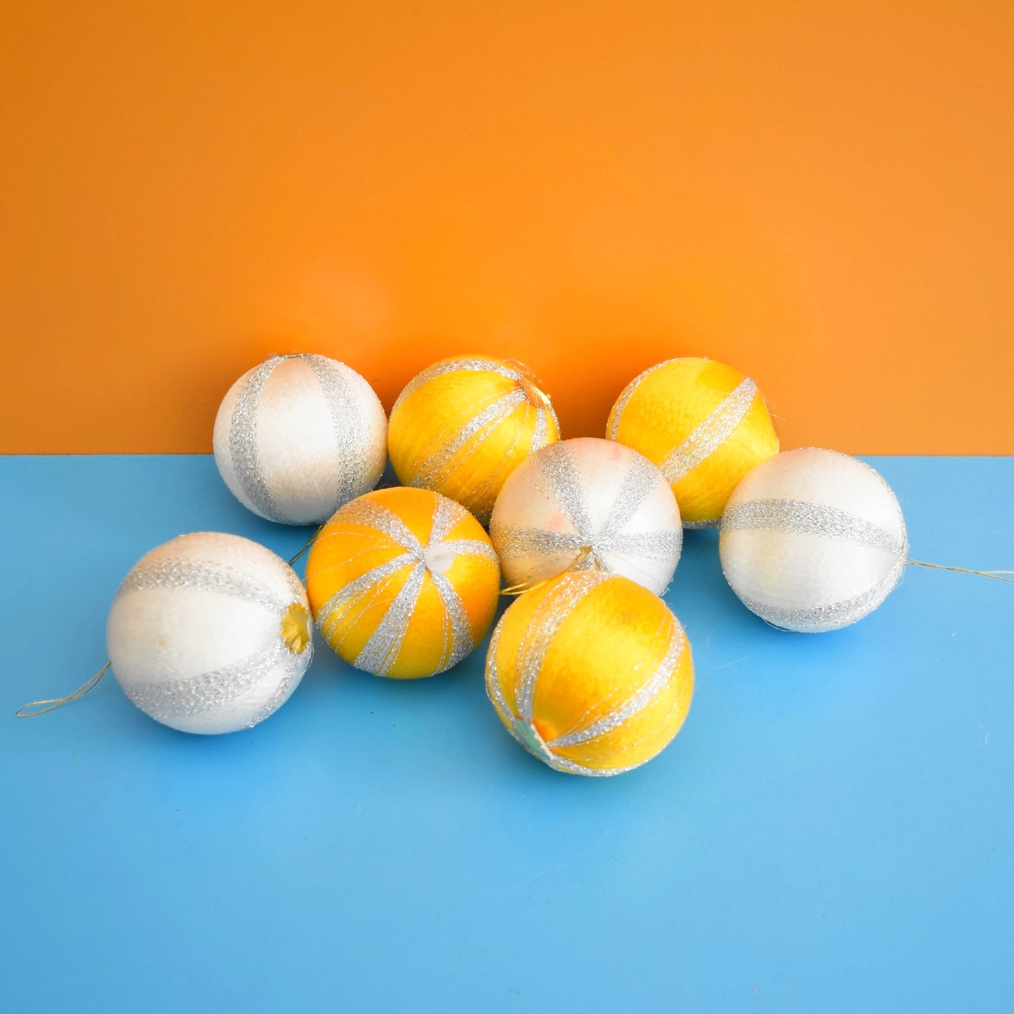 Vintage 1970s Satin Christmas Baubles - Yellow/ Cream & Metalic x8