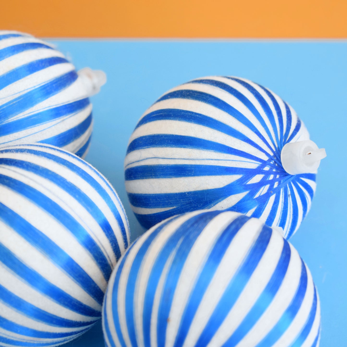 Vintage 1970s Satin Christmas Baubles - Blue Humbugs x4