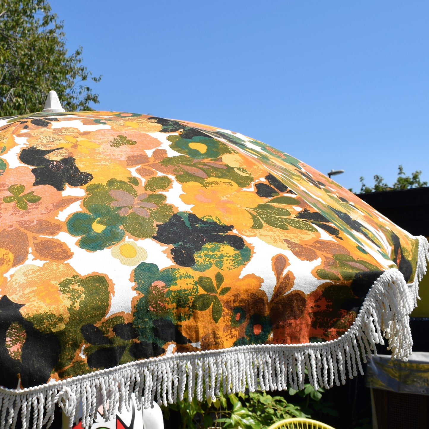 Vintage 1970s Garden Parasol - Orange Floral- Heals Pansy Style