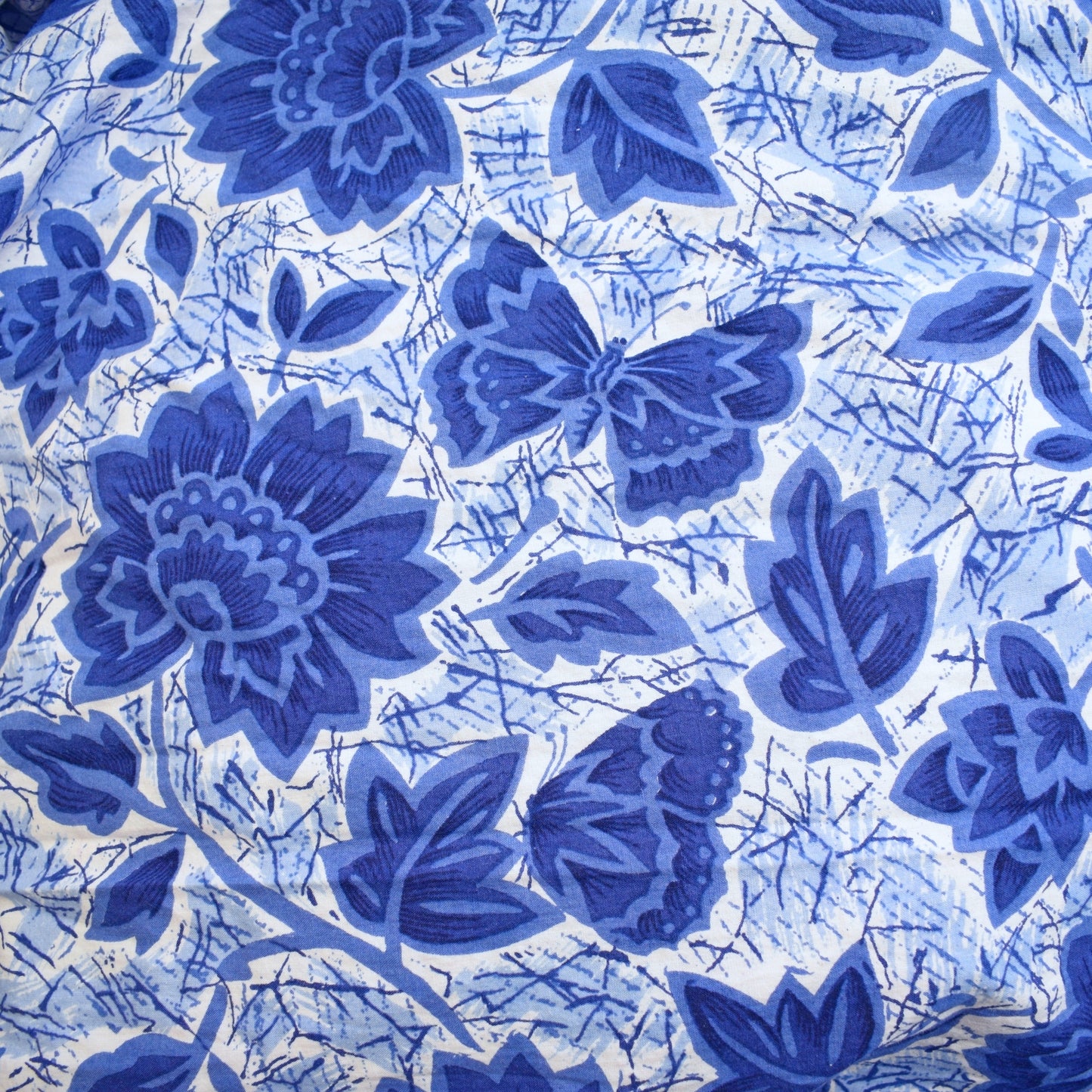 Vintage 1960s Cotton Butterfly Dress - Blue & White- Size 14/16