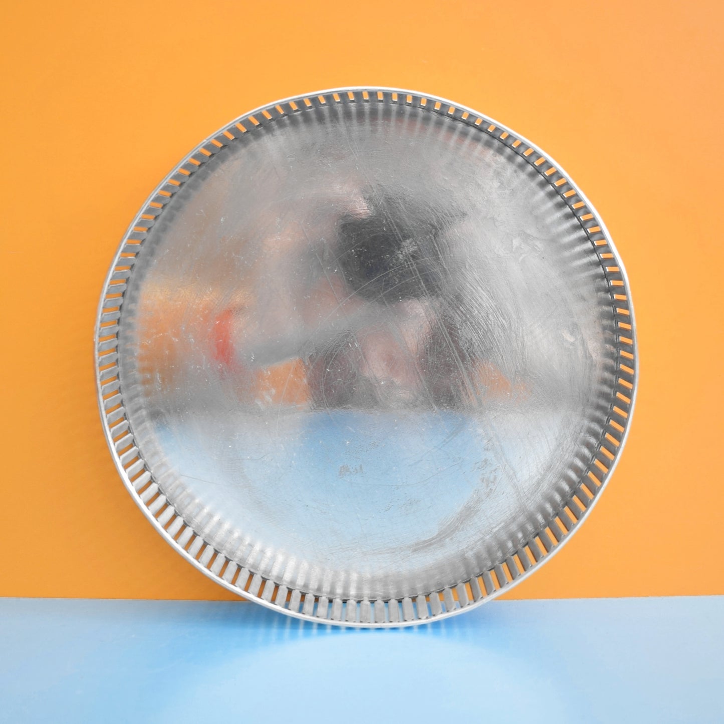 Vintage 1960s Round Metal Pierced Tray - Silver Plate - Lovely Display