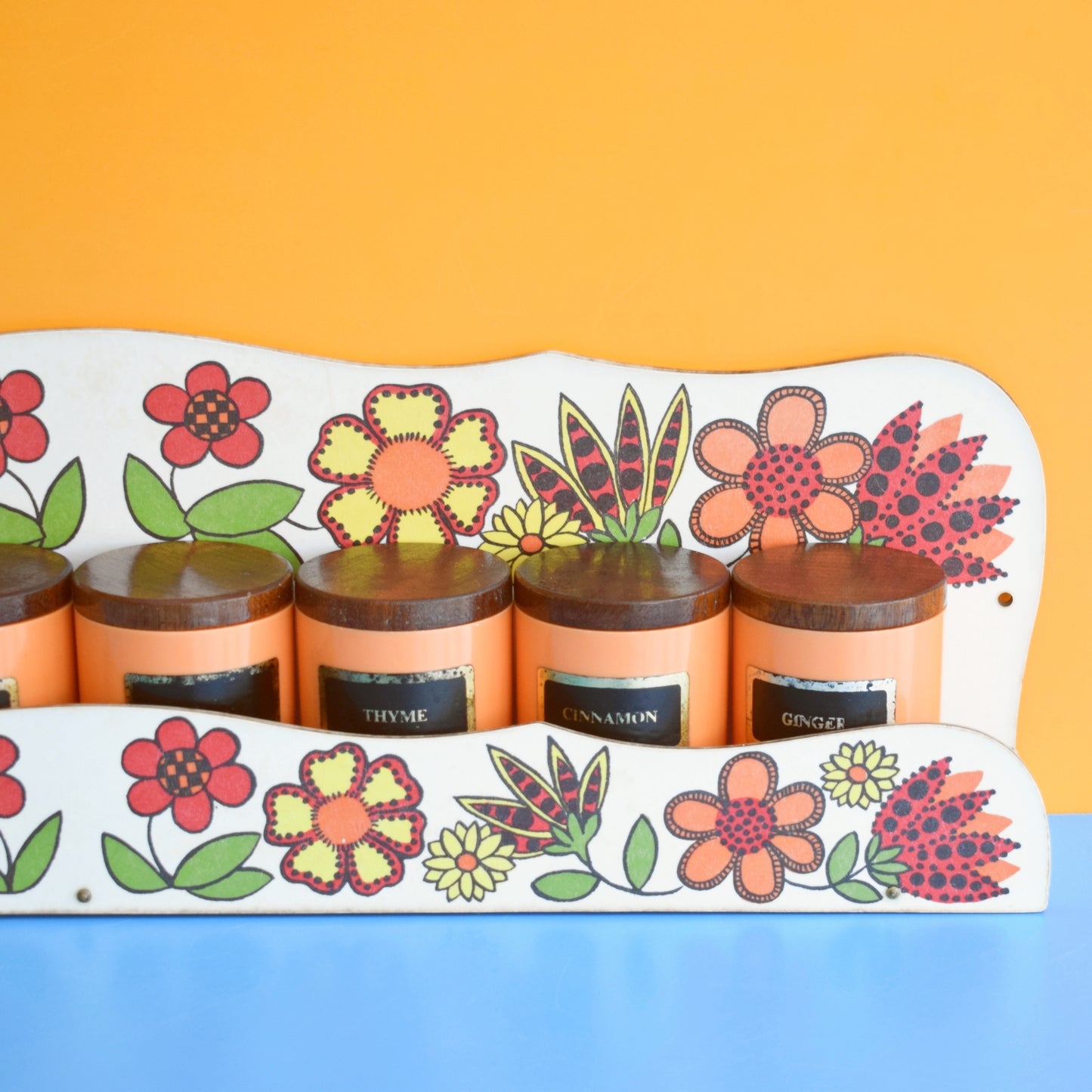 Vintage 1960s Taunton Vale Spice Jar Set - Flower Design - Orange, Red & Yellow