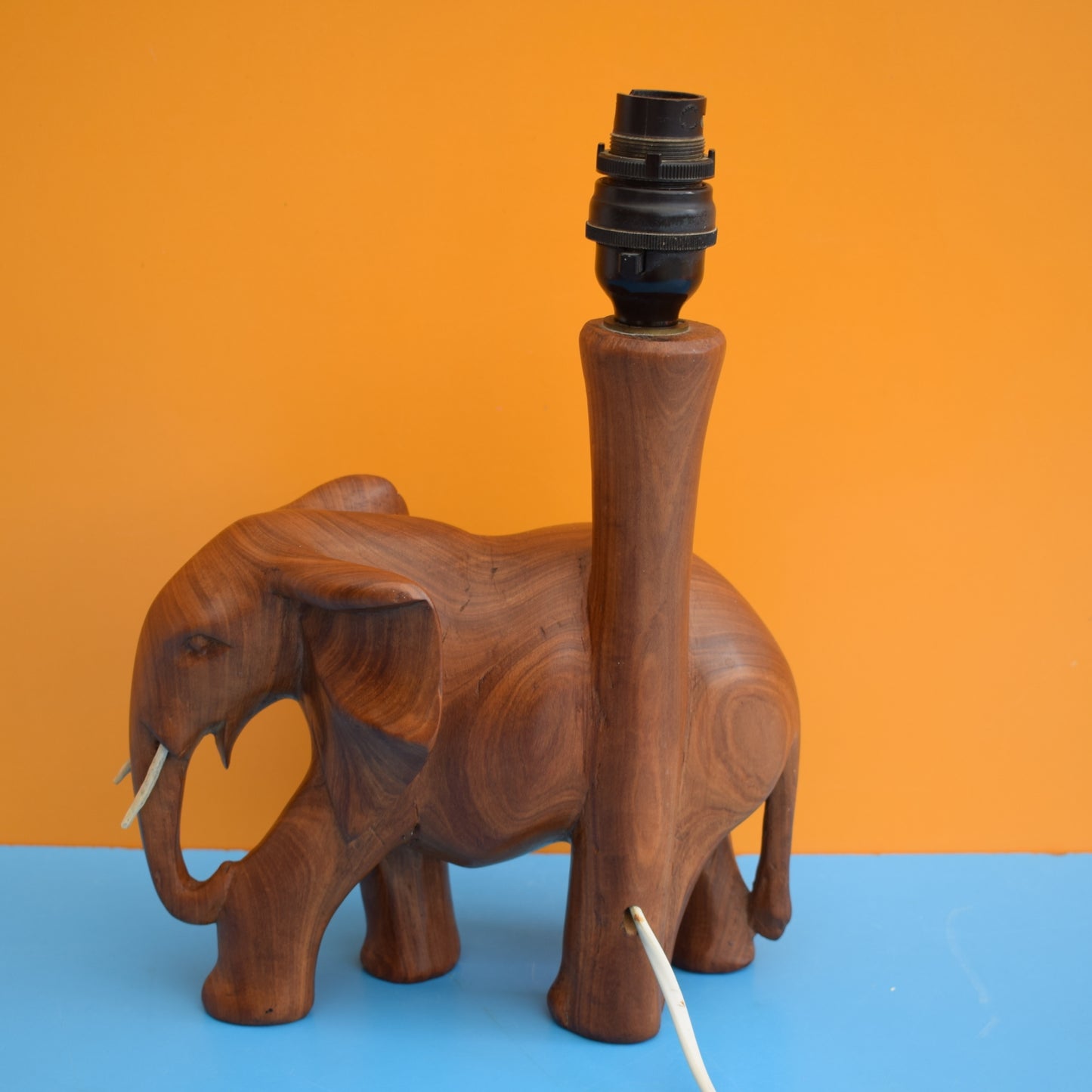 Vintage 1960s Wooden Teak Table Lamp - Elephant