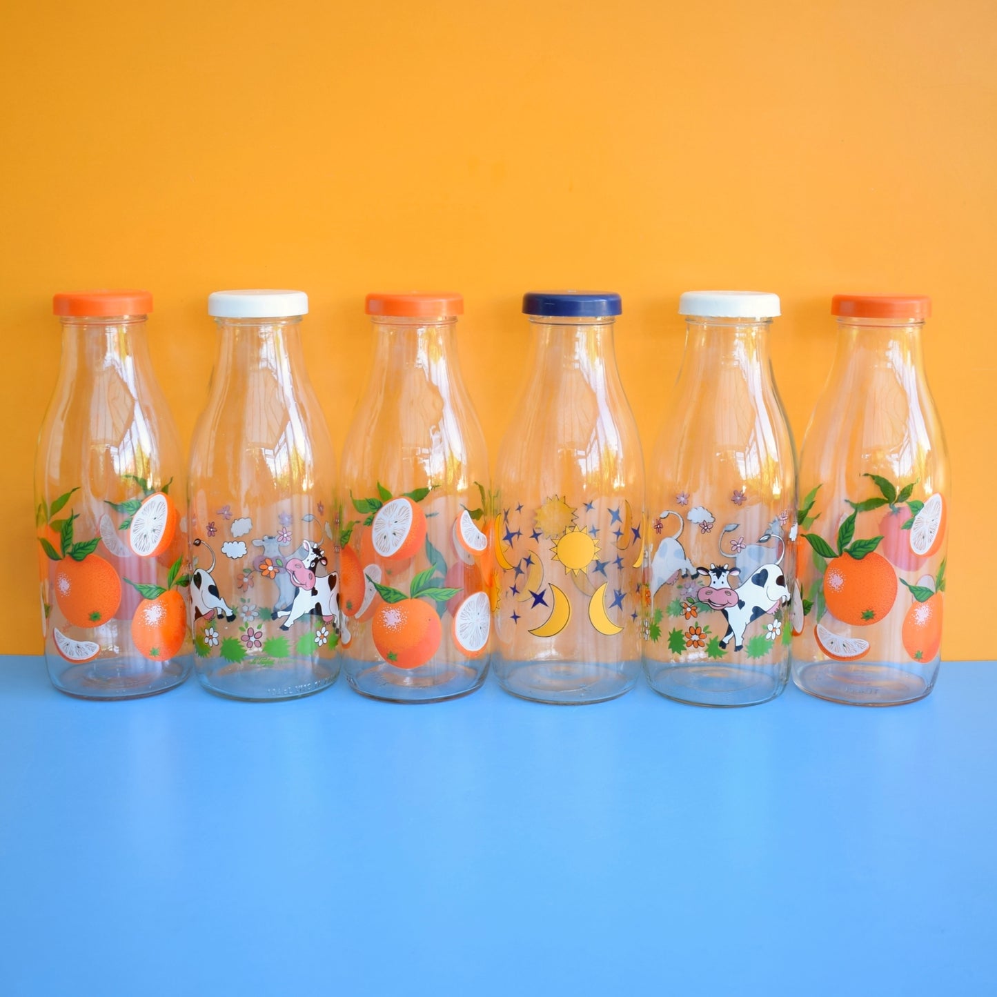 Vintage 1970s Milk Bottles - French / France- Cows / Moon/ Stars