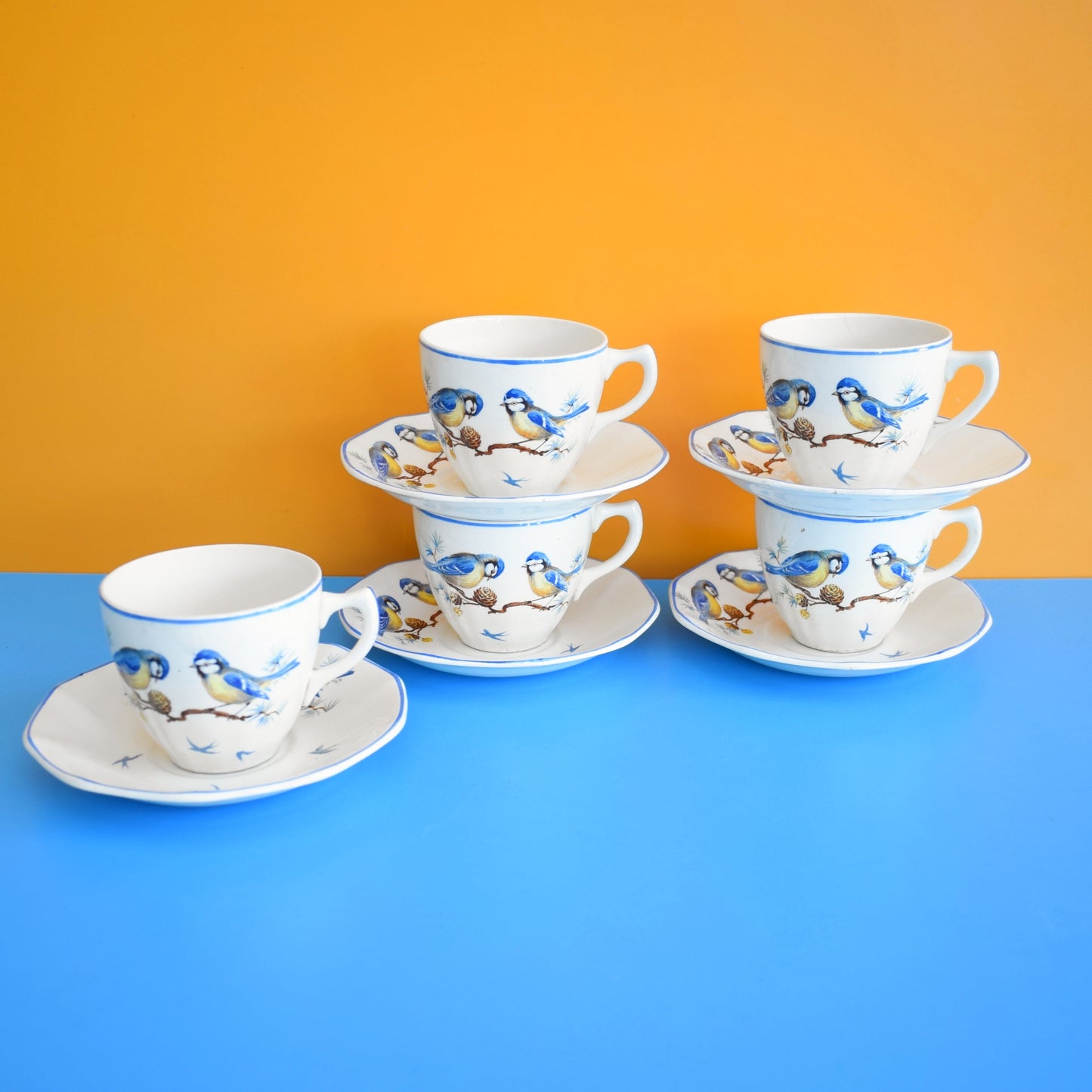 Vintage 1950s Cups & Saucers - Blue Tits & Bluebirds - Blue Bird - Ivory Ware