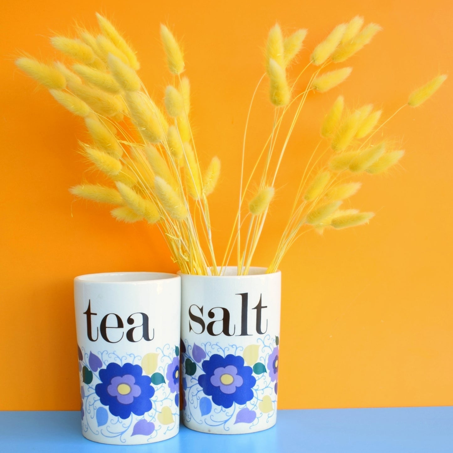 Vintage 1960s Crown Devon Ceramic Jars - Flower Power - Tea/ Salt - Blue by Pineapple Retro