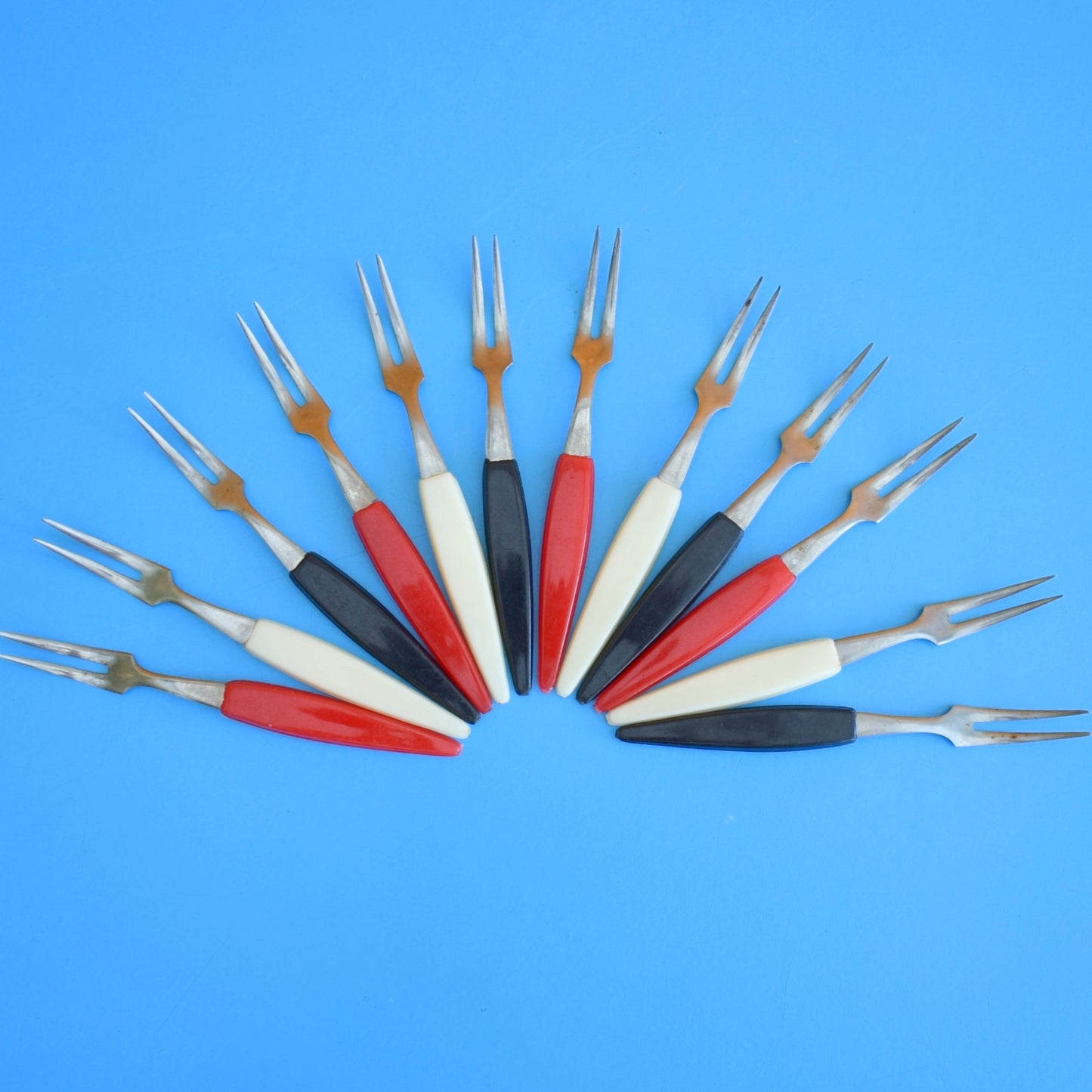 Vintage 19560s Tiny Pickle Forks - Red, Cream & Black x12