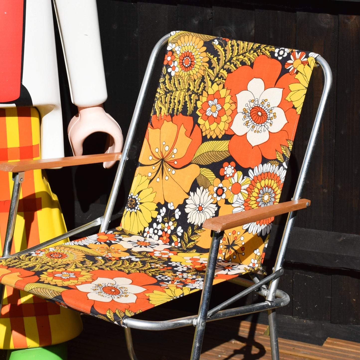 Vintage 1960s Folding Garden Chair - Flowers- Orange & Yellow