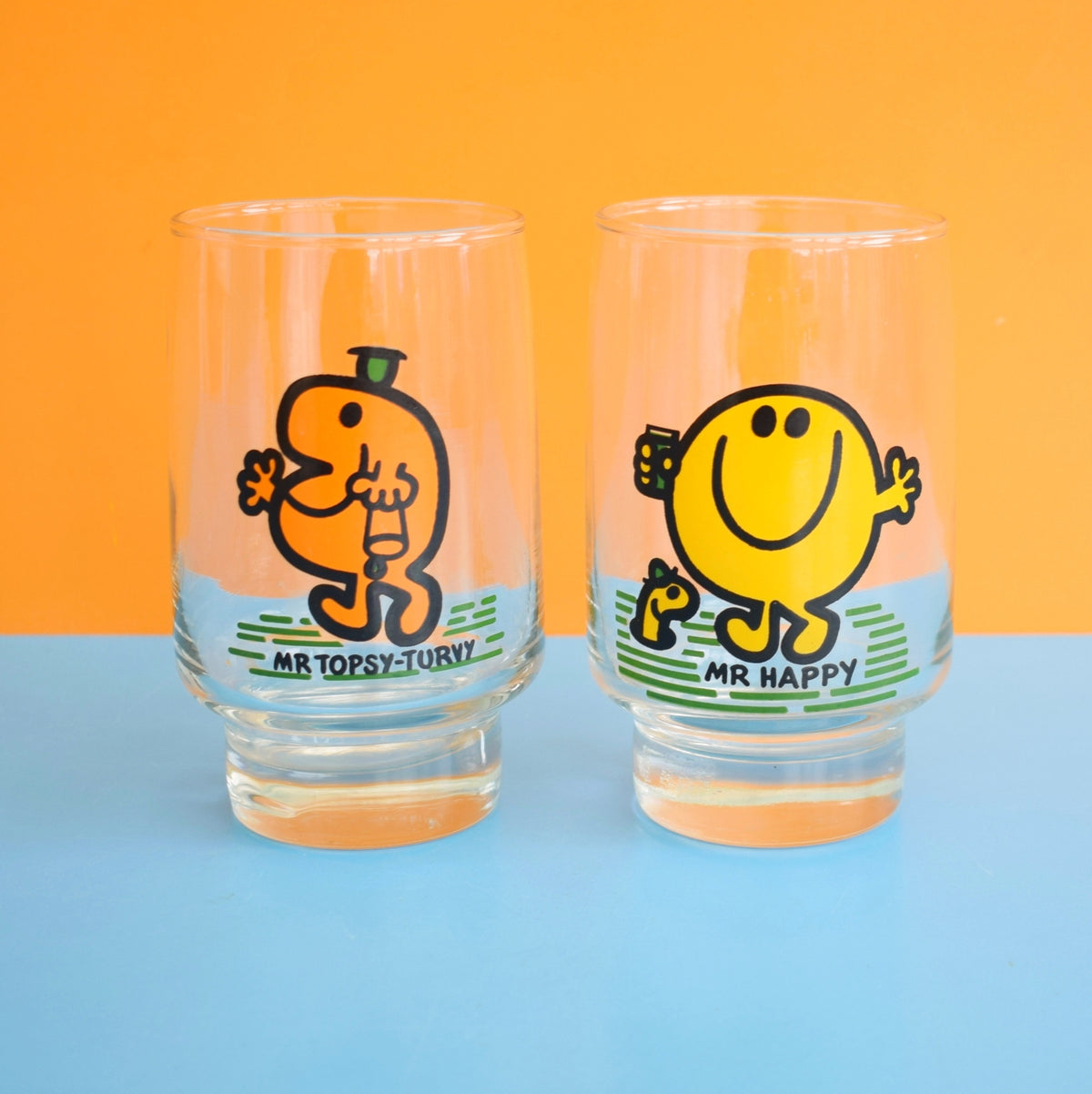 Vintage 1970s Mr Men Drinking Glasses - Mr Happy & Mr Topsy Turvy by Pineapple Retro