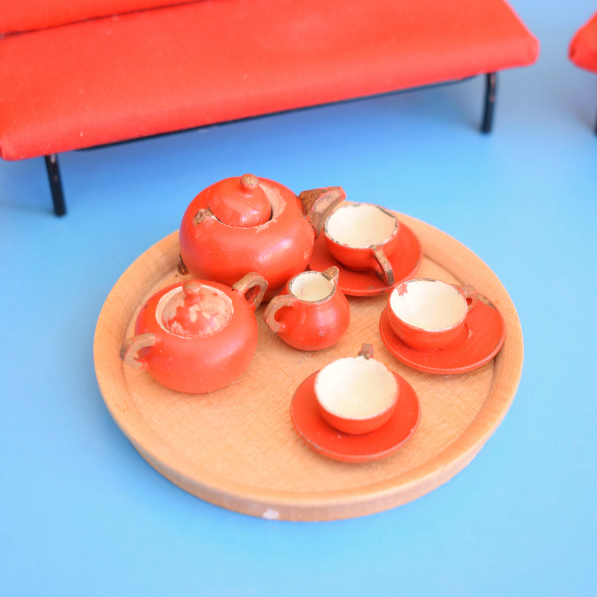 Vintage 1970s Wooden Tea Set - Doll Toi / Red Sofa & Chair Set by Pineapple Retro