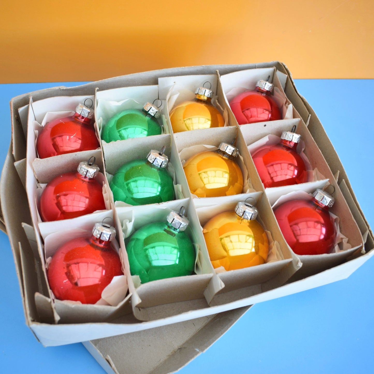Vintage 1980s Glass Christmas Baubles - Classic Balls - Traffic Light Colours - Medium - Harrods