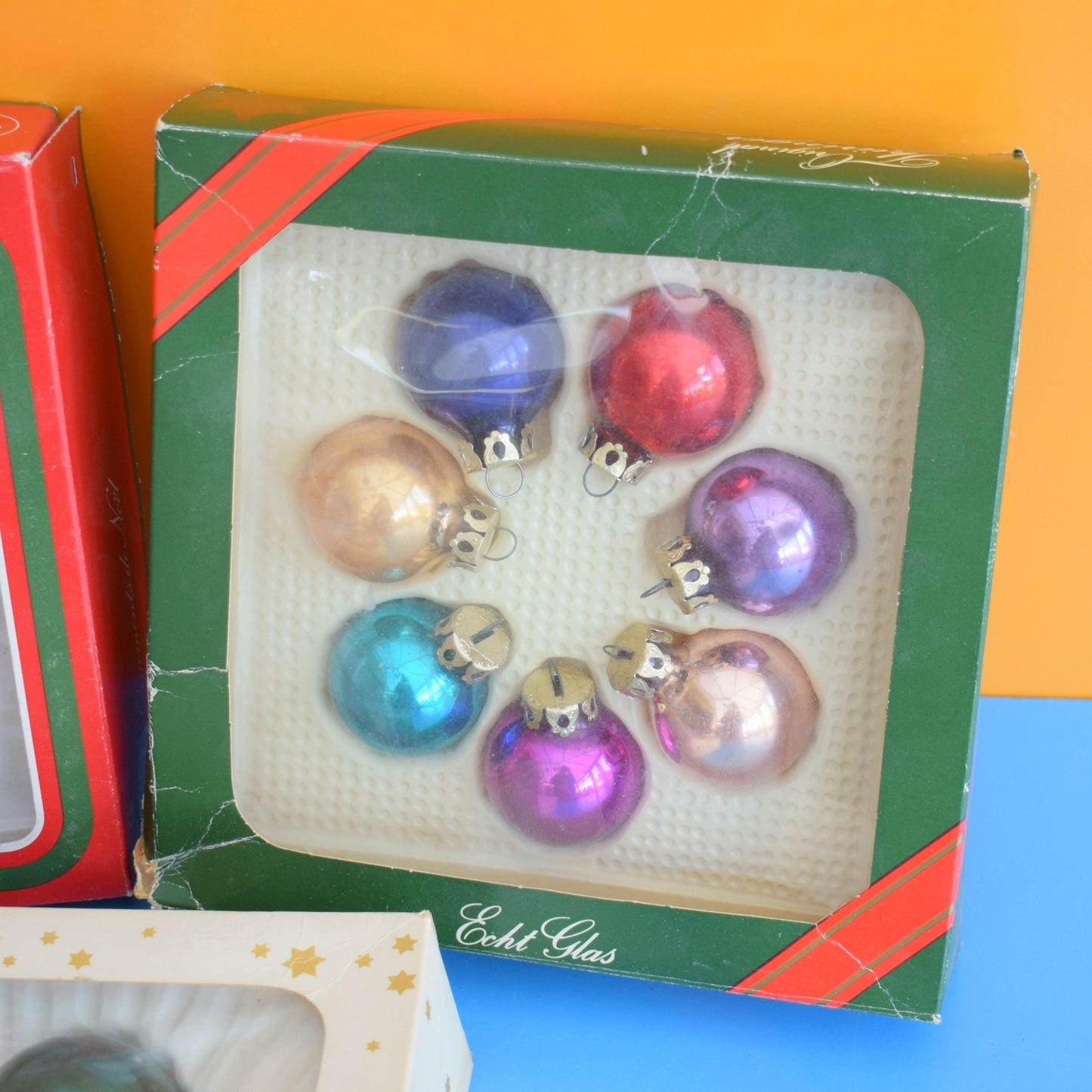 Vintage 1980s Glass Christmas Baubles - Classic Balls - Plain Colours - Boxed