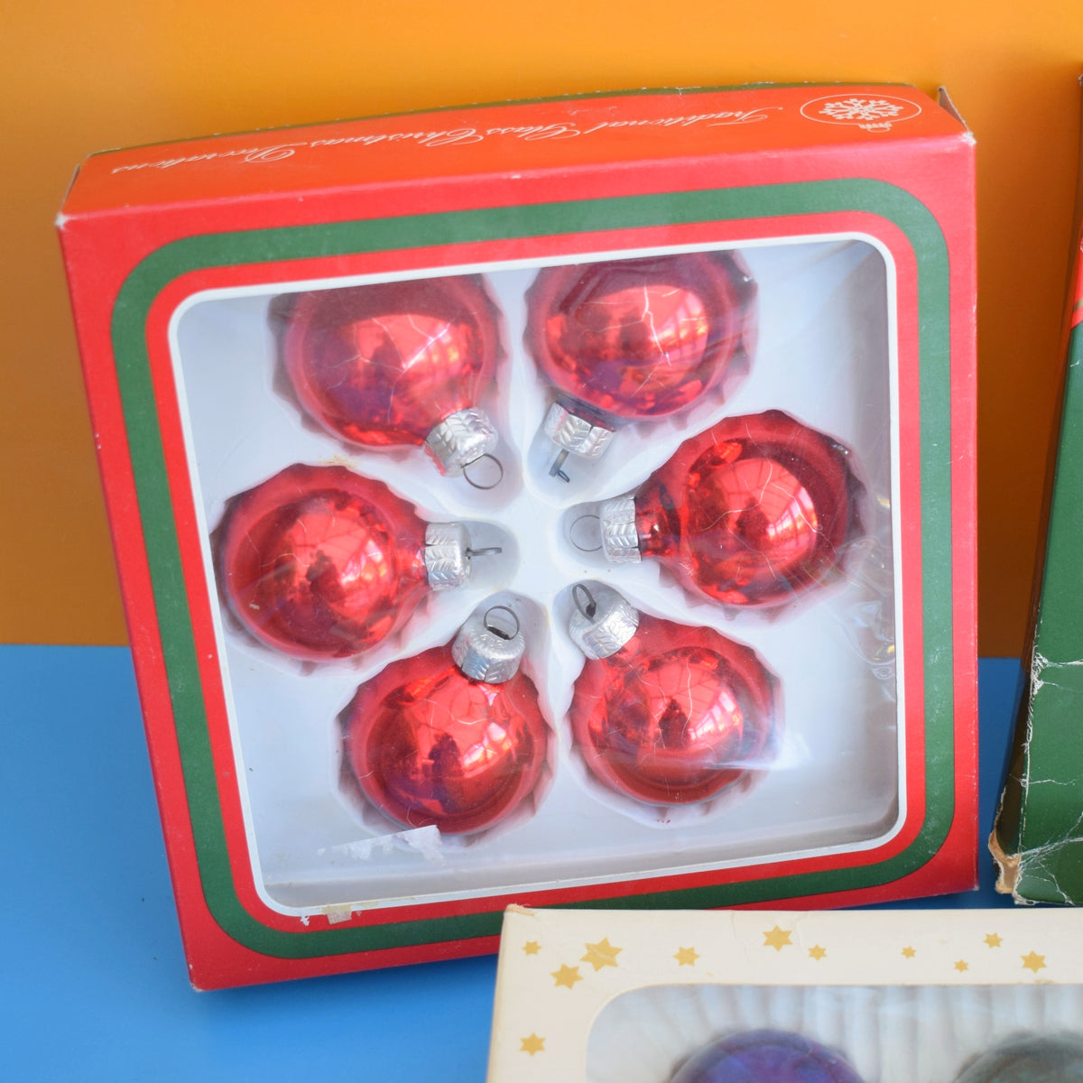 Vintage 1980s Glass Christmas Baubles - Classic Balls - Plain Colours - Boxed by Pineapple Retro