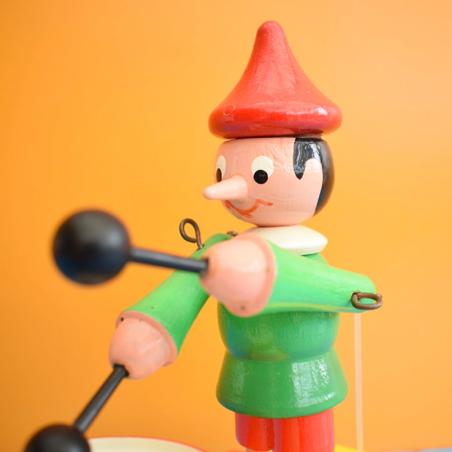Vintage 1970s Wooden Pull Along Drumming Pinocchio