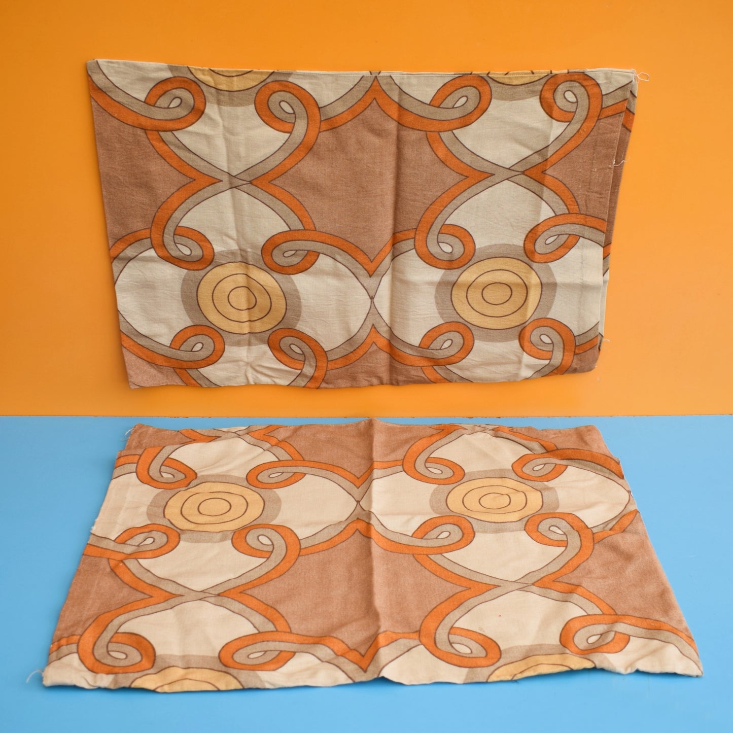 Vintage 1960s Handmade Pillow Cases / Cushions - Brown Geometric