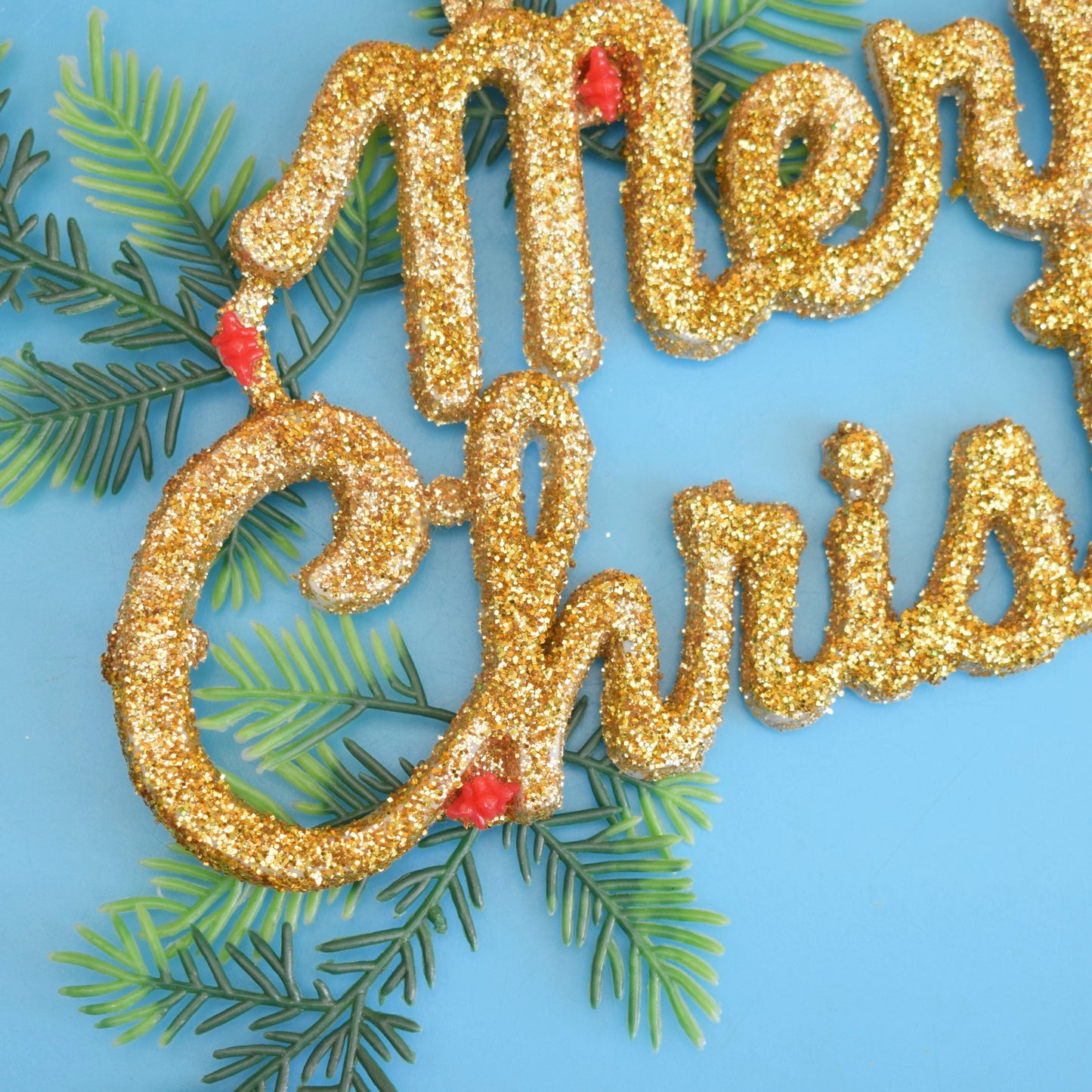 Vintage 1970s Glitter Merry Christmas Sign - Gold