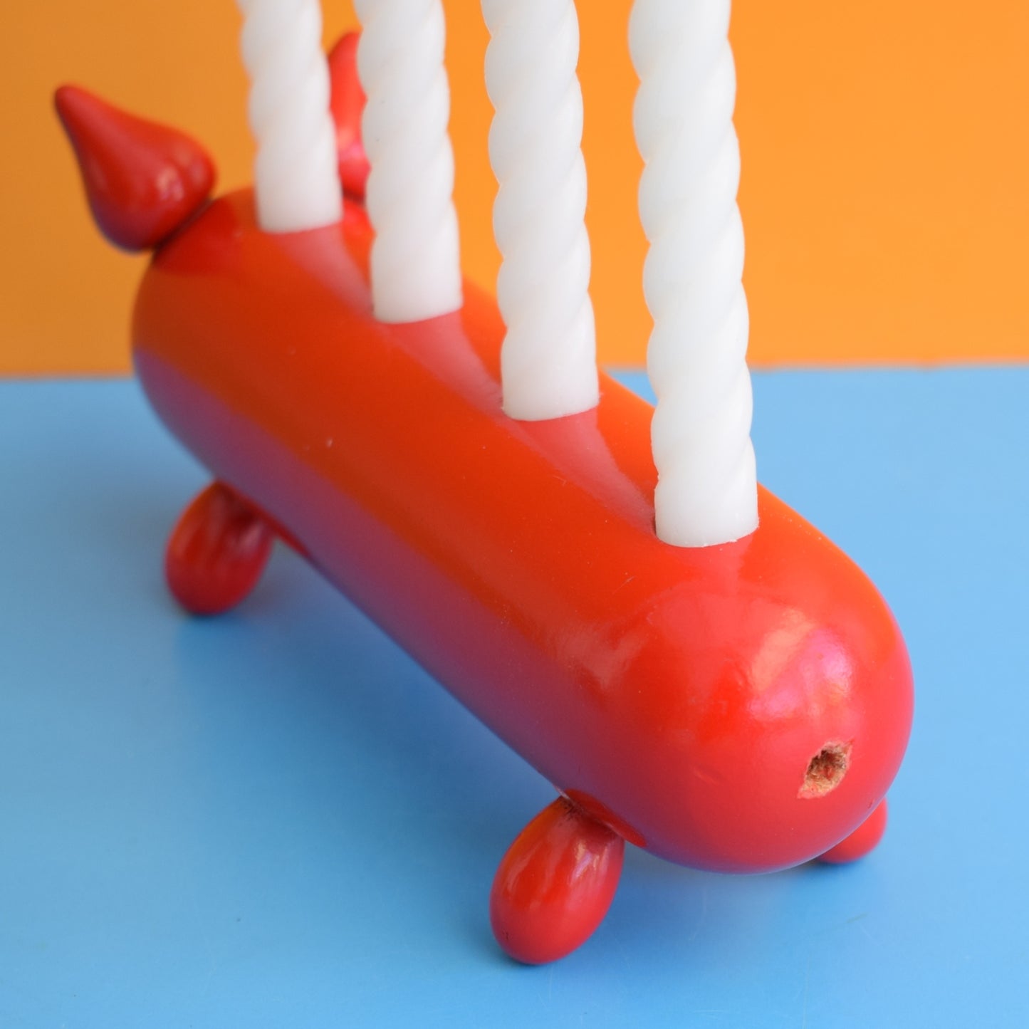 Vintage 1970s Swedish Wooden Candle Holder - Pig- Red