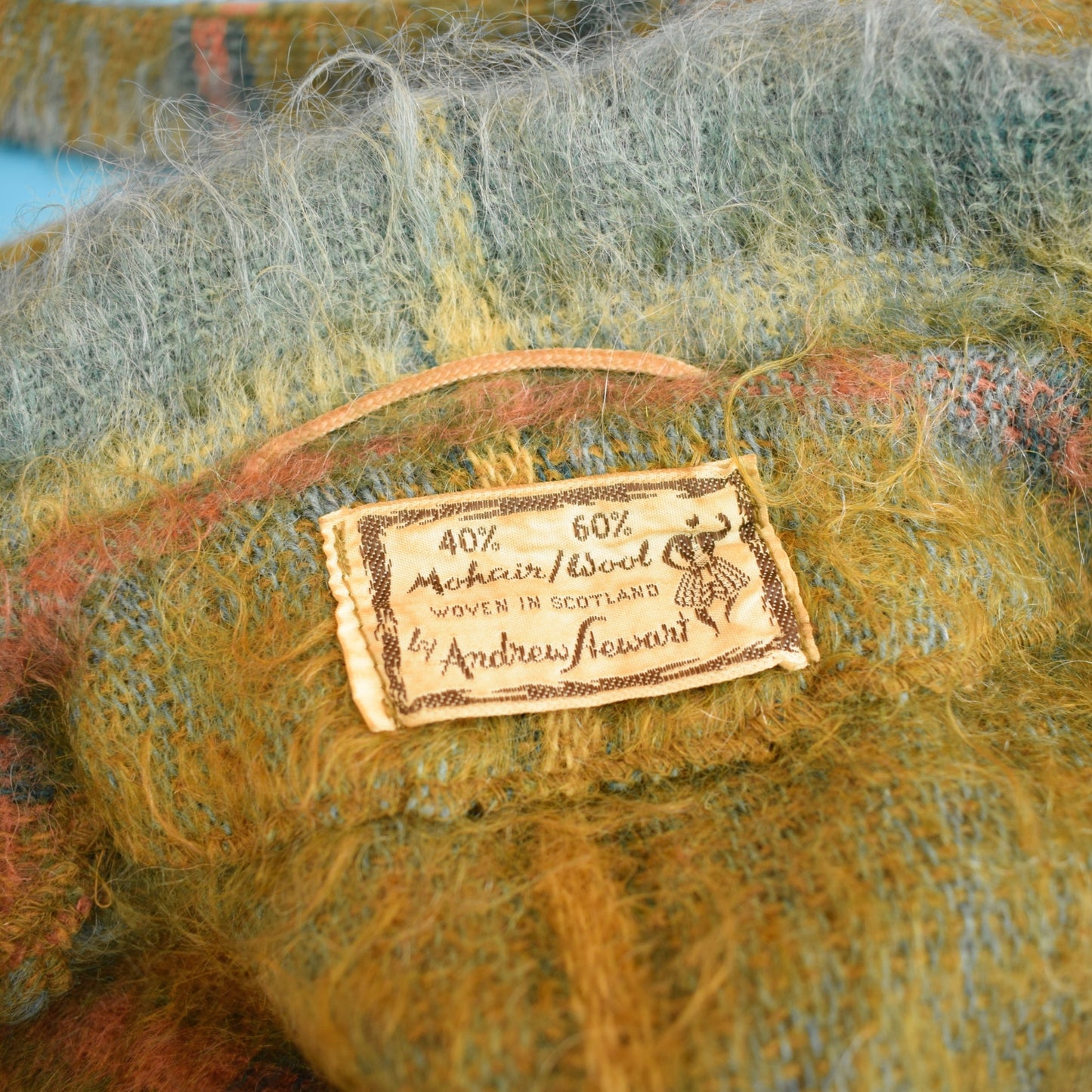Vintage 1960s Scottish Mohair Belted Cape - Teal/ Mustard by Vintage