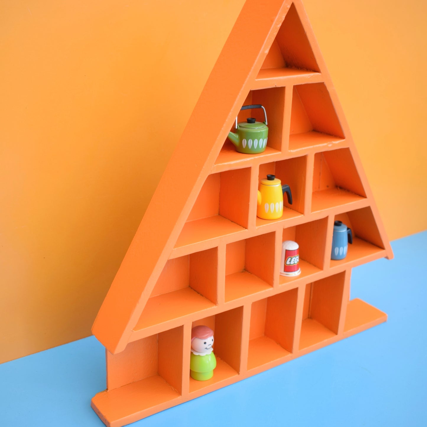 Vintage 1990s Wooden House Shaped Collectables Shelf - Orange