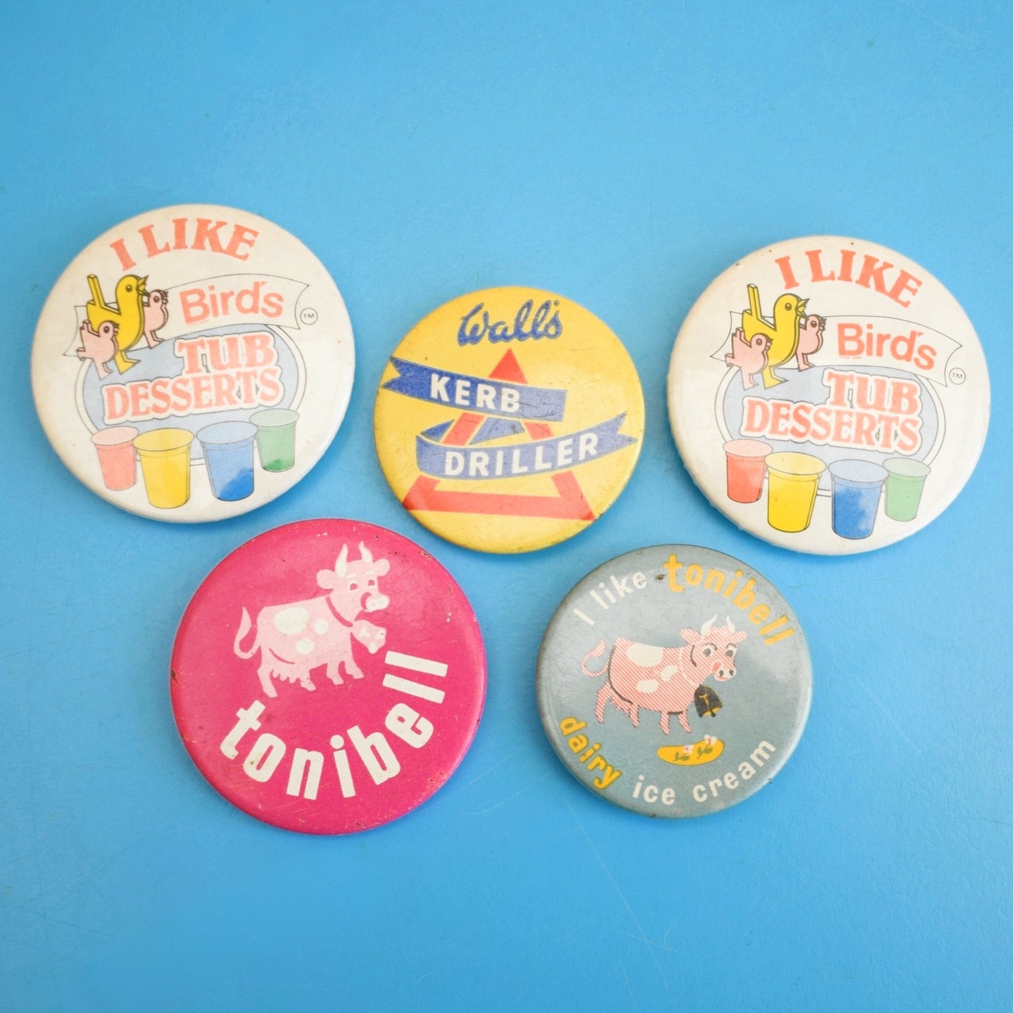 Vintage 1970s Metal Badges - Walls Ice Cream / Birds Desserts / Tonibell