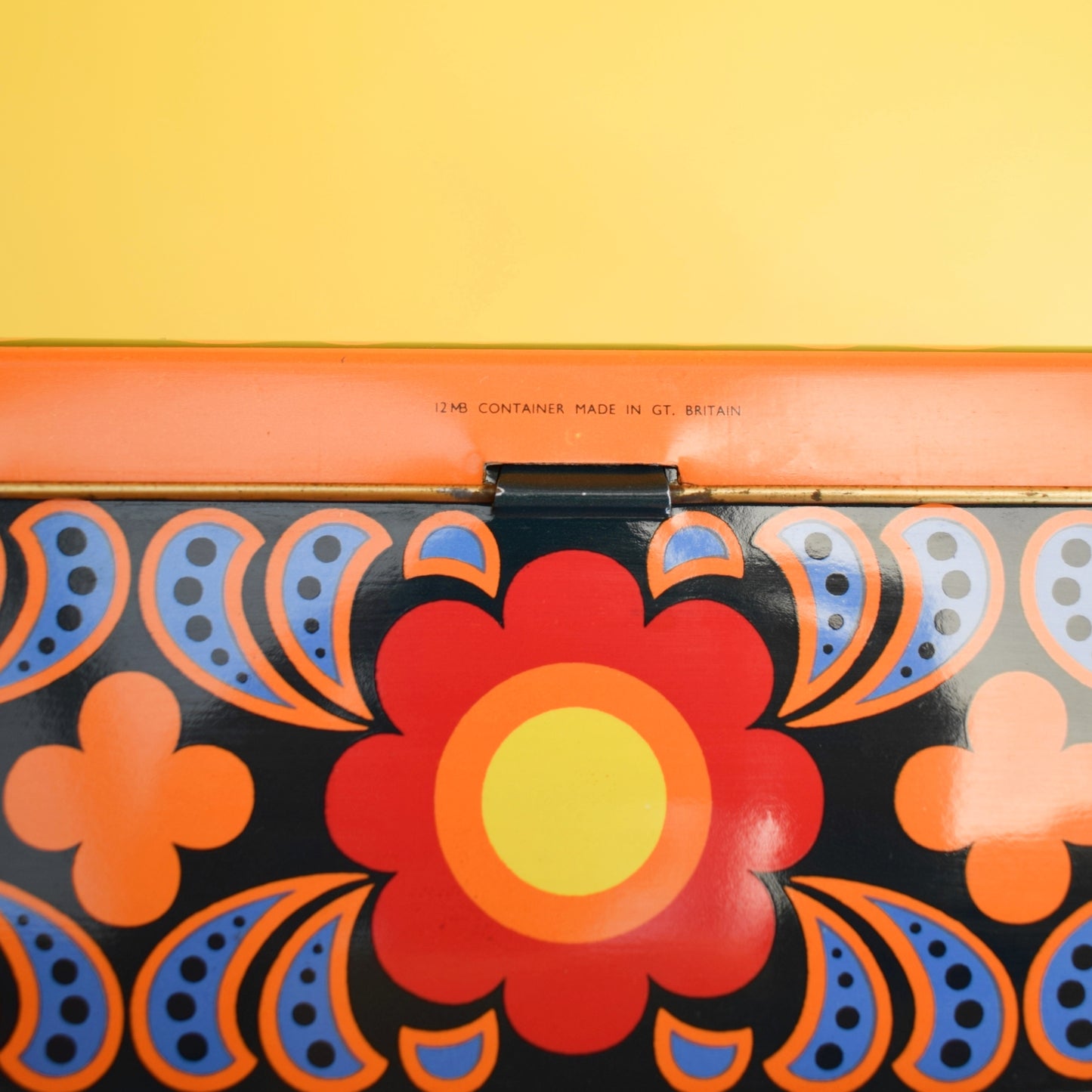 Vintage 1970s Metal Tin - Flower Power - Orange