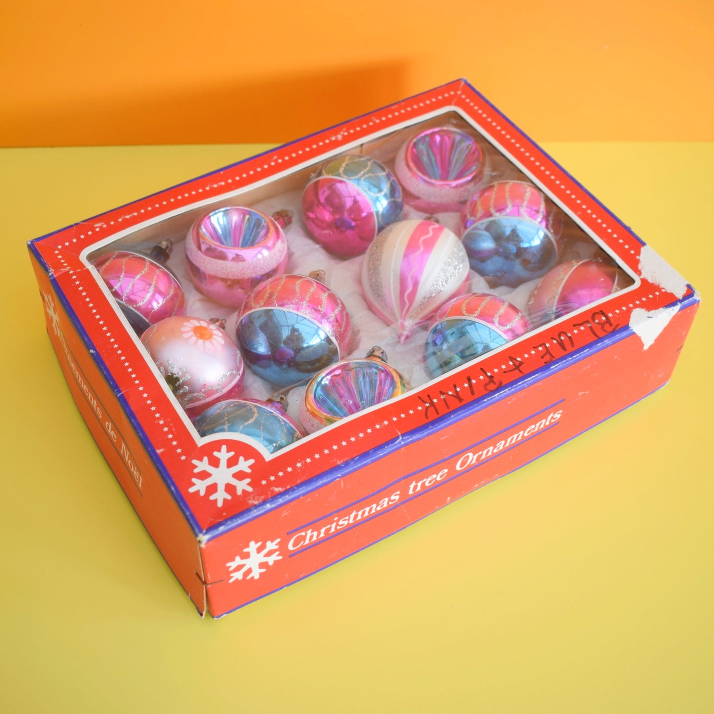 Vintage 1970s Glass Christmas Baubles - Large - Pink & Blue