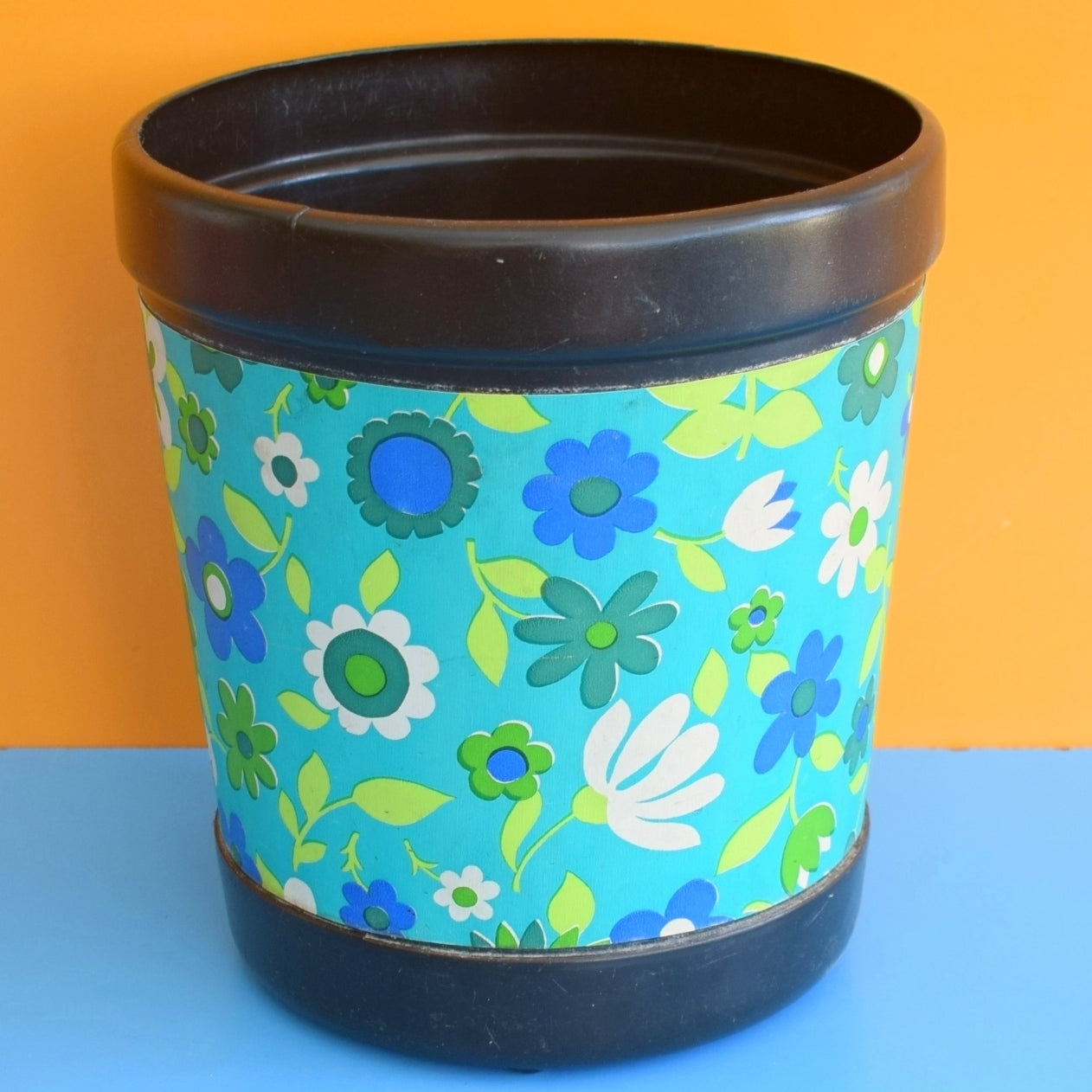 Vintage 1960s Plastic Waste Paper Bin - Flower Power - Blue & Green