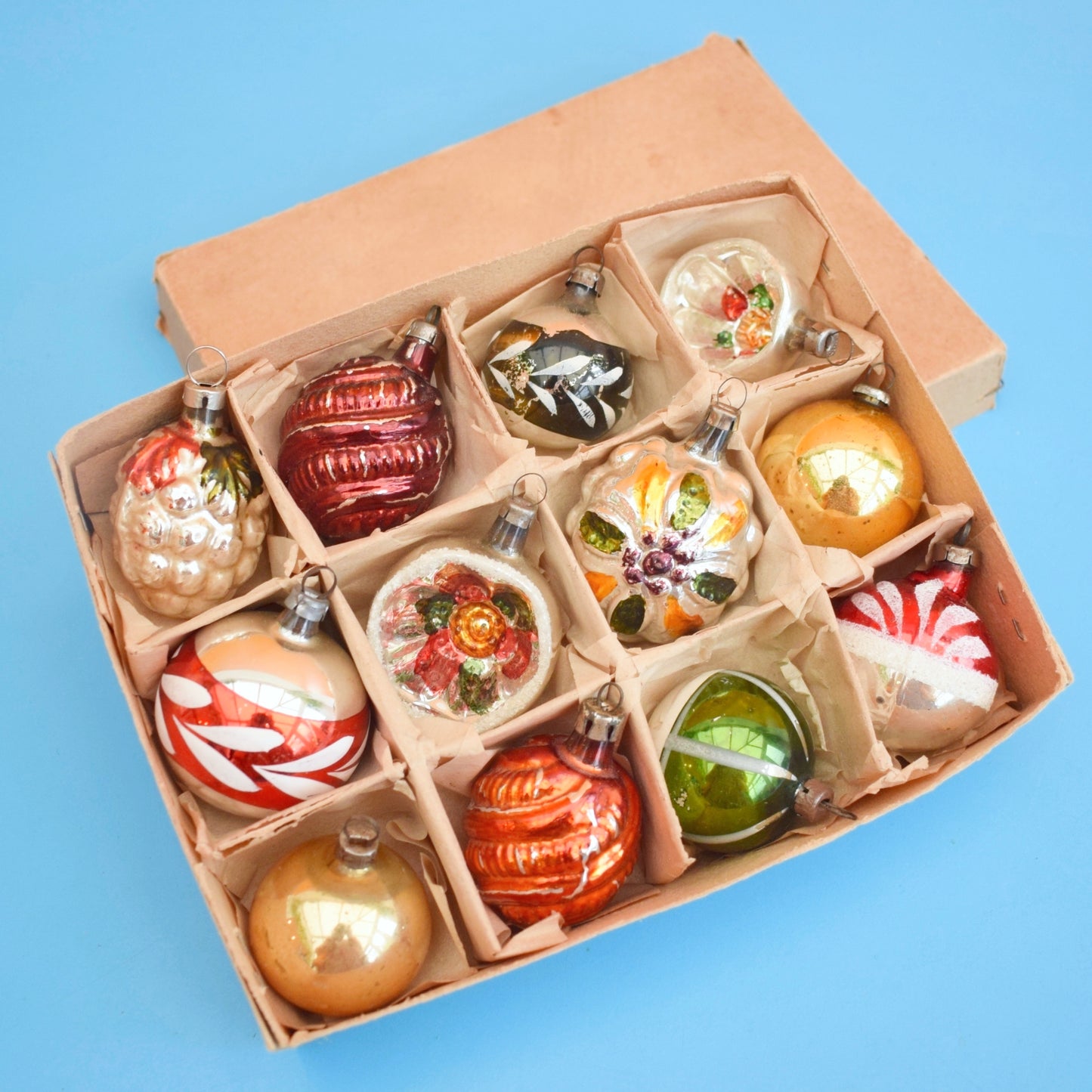 Vintage 1960s Glass Christmas Baubles - Smaller - Mixed x12 - Autumnal Colours.