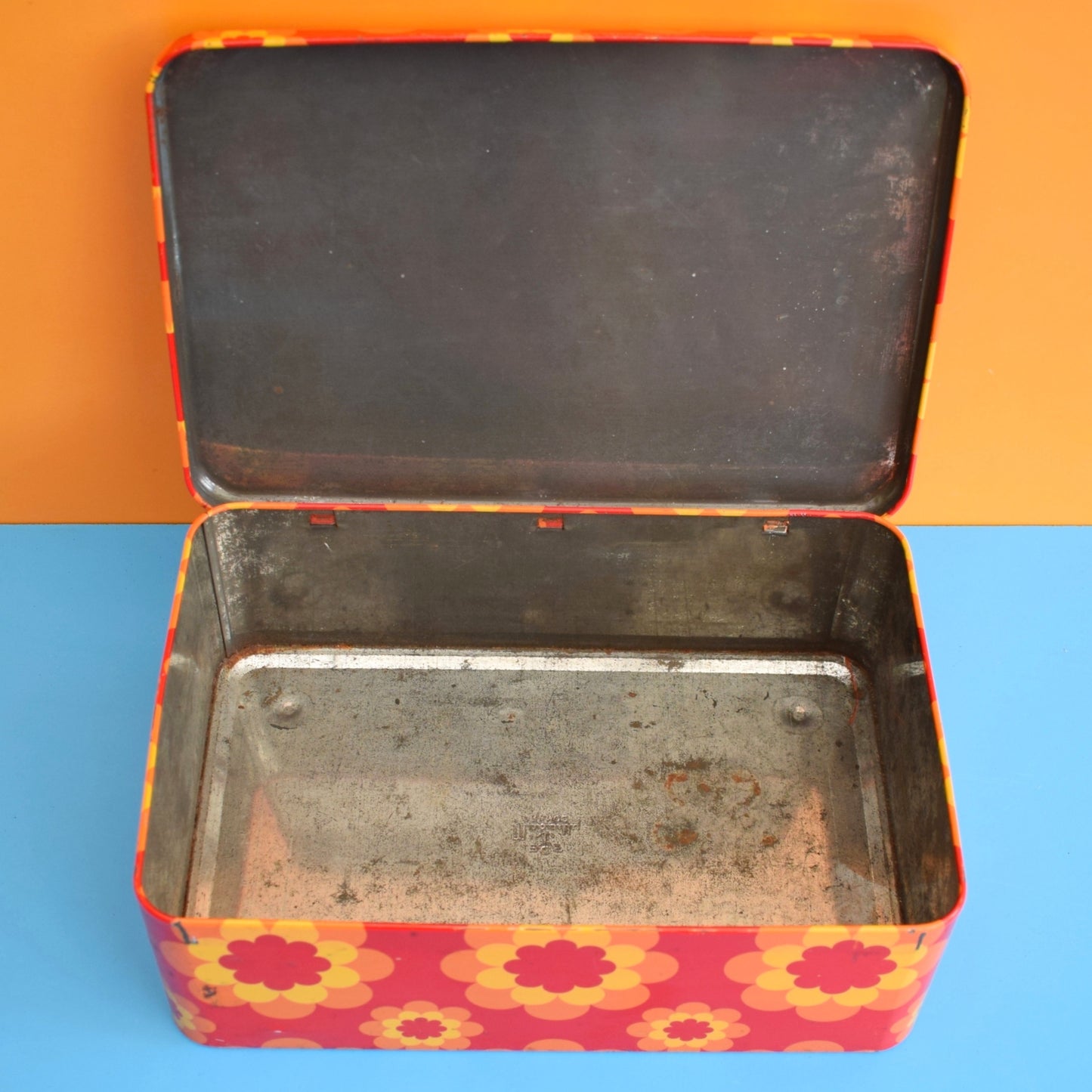 Vintage 1970s Round Metal Tins - French by Massilly - Flower Design, Orange