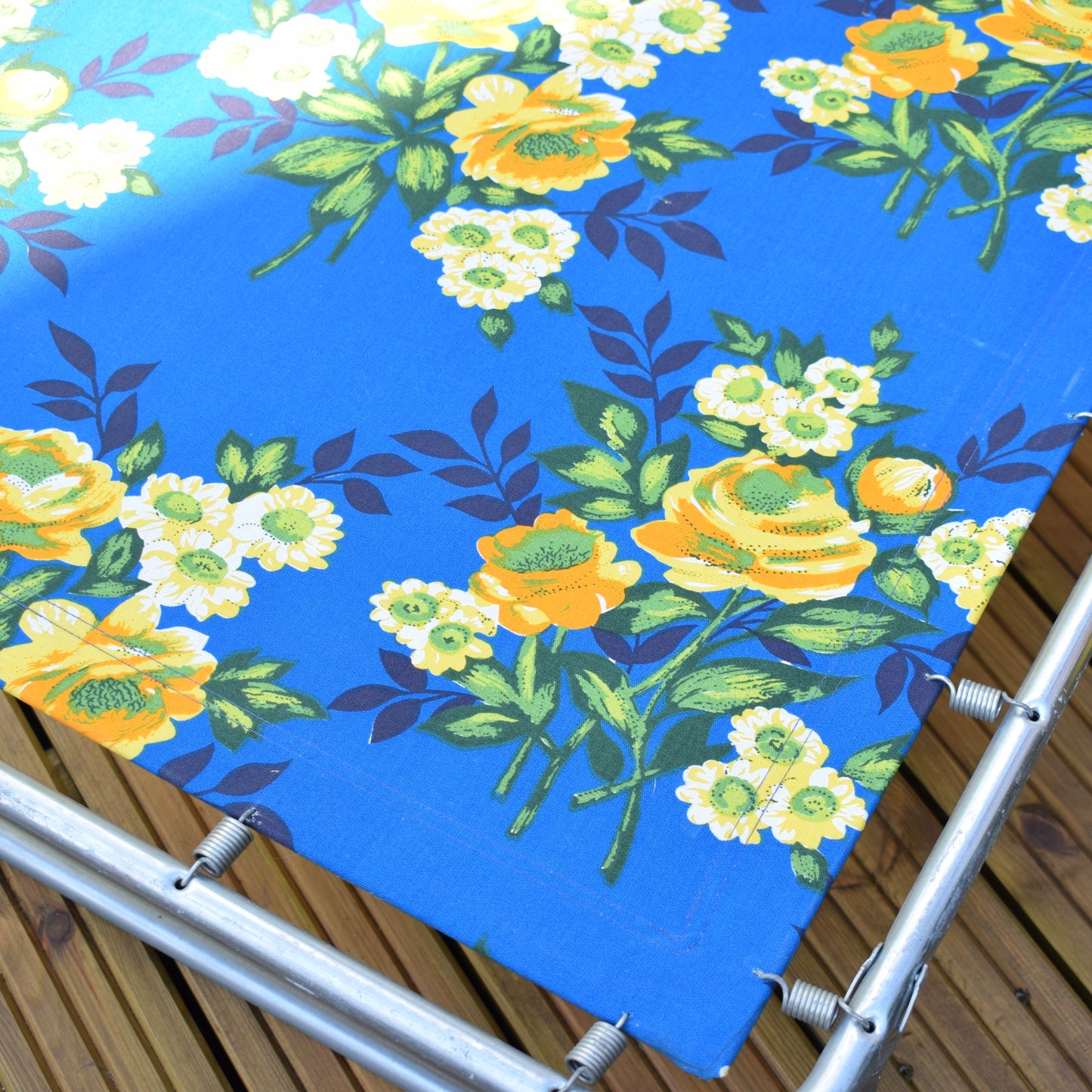 Vintage 1970s Garden Sun Lounger - Blue & Yellow Flowers