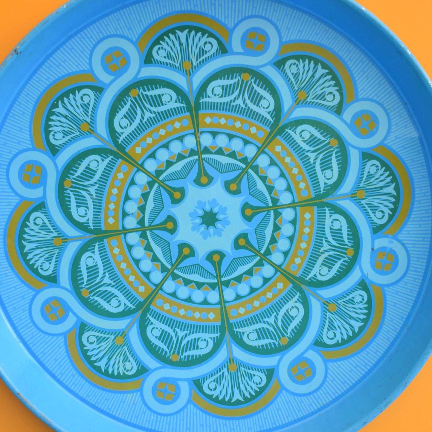 Vintage 1970s Round Tray - Geo Design- Blue