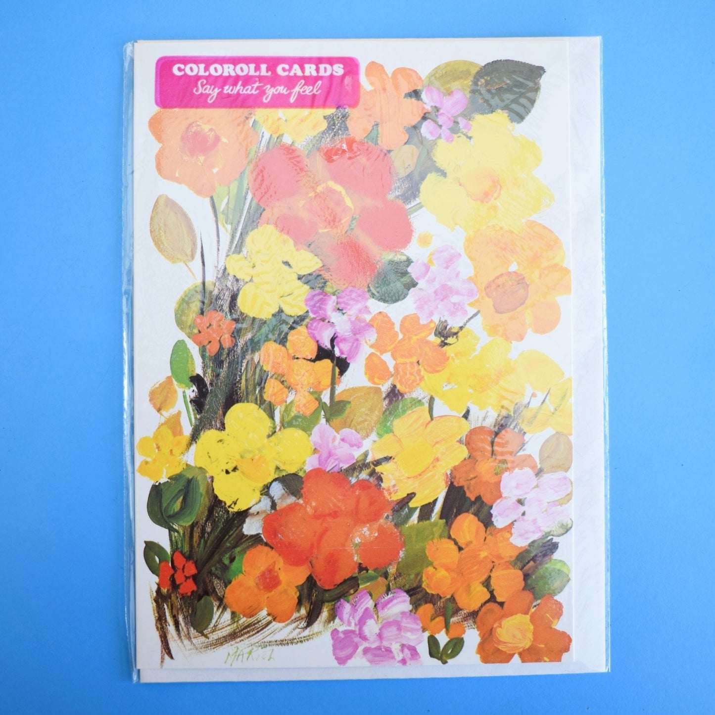Vintage 1970s Greeting Card - by Marion - Marigold Garden - Painterly Flowers