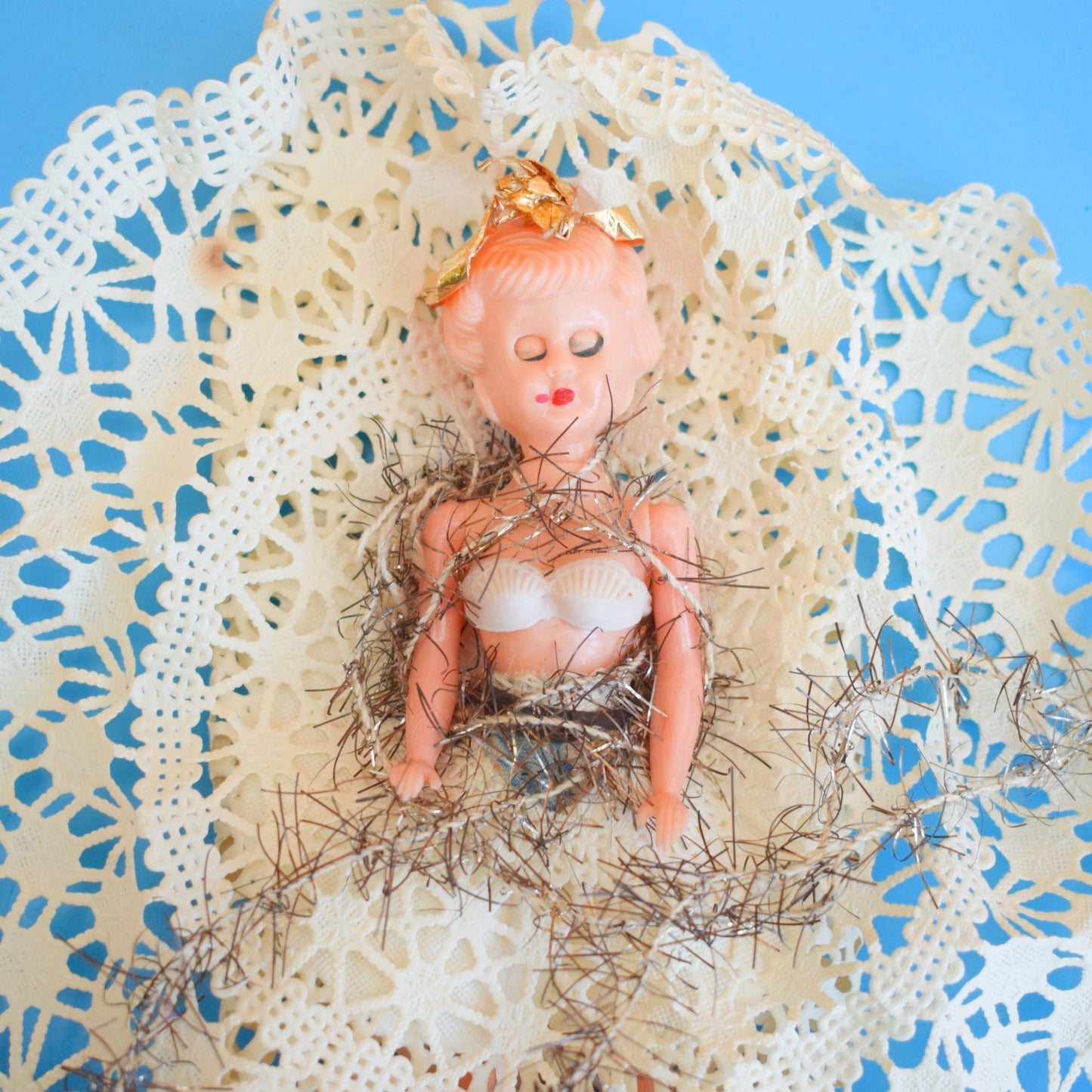 Vintage 1950s Christmas Fairy Angel Tree Topper - Handmade Doily Dress