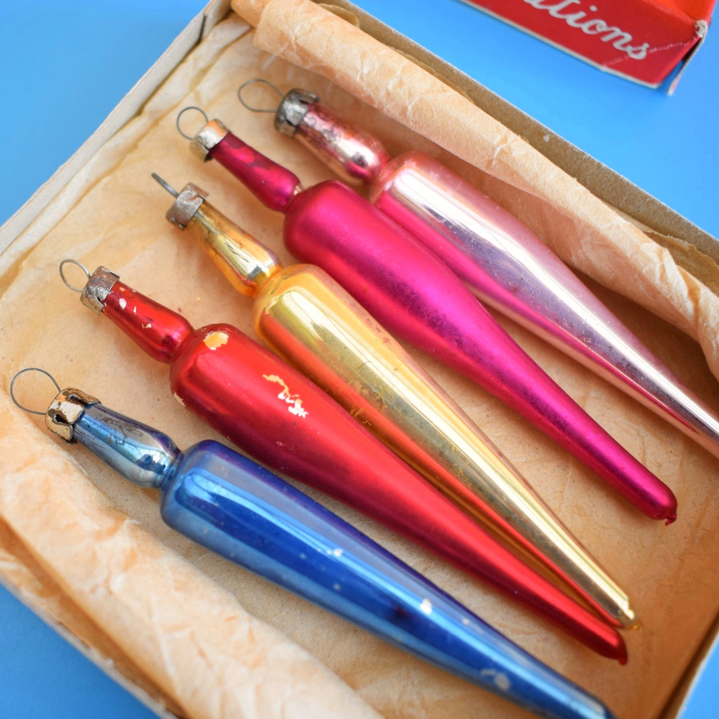 Vintage 1960s Glass Special Christmas Baubles - Tapered Sticks ? Boxed