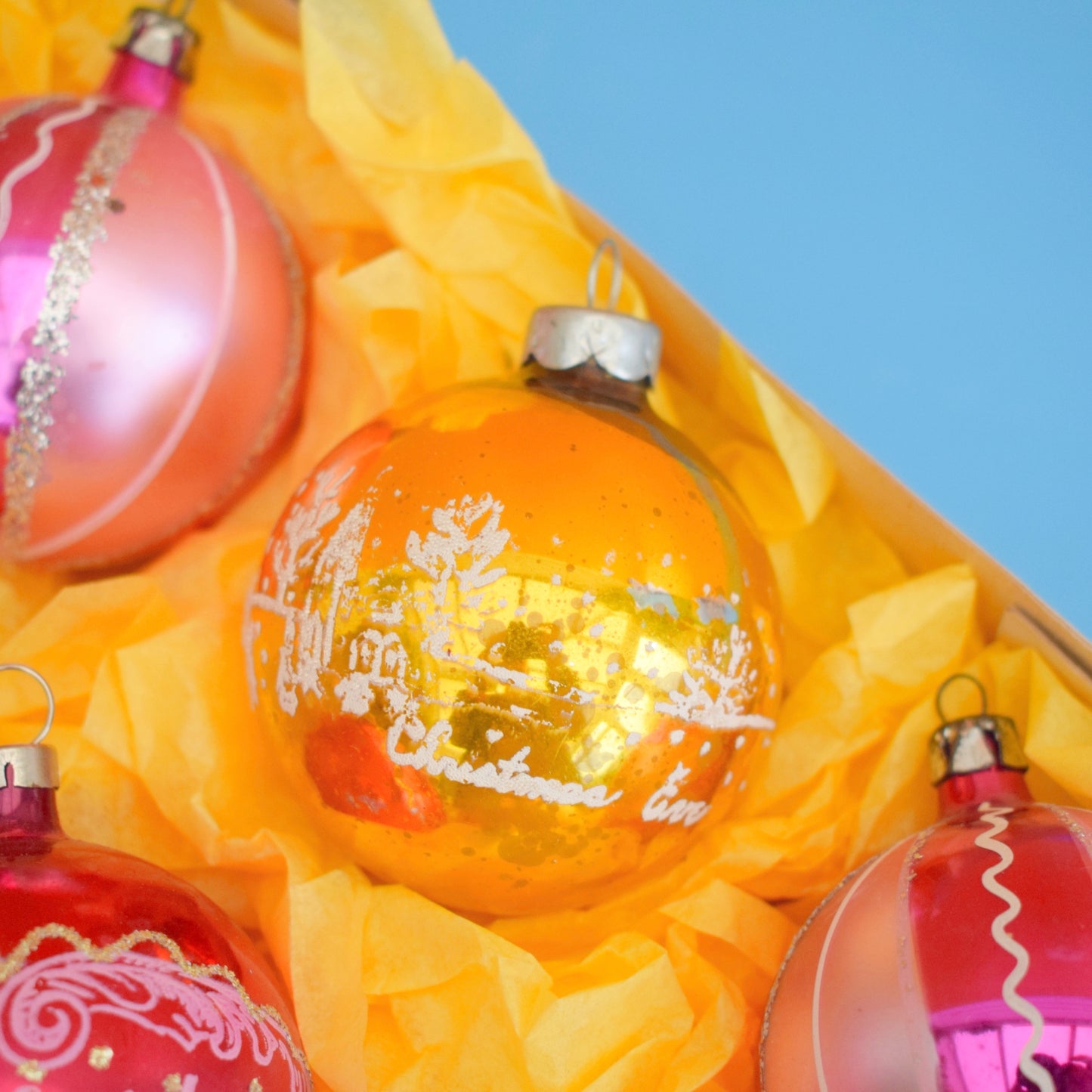 Vintage 1970s Glass Christmas Baubles - Medium - Pink & Yellow/ Gold