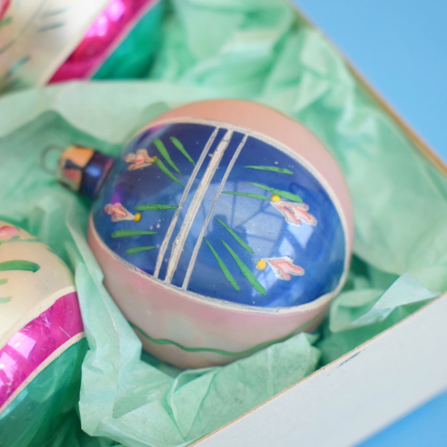 Vintage 1960s Glass Christmas Baubles - Medium - Hand Painted Flowers