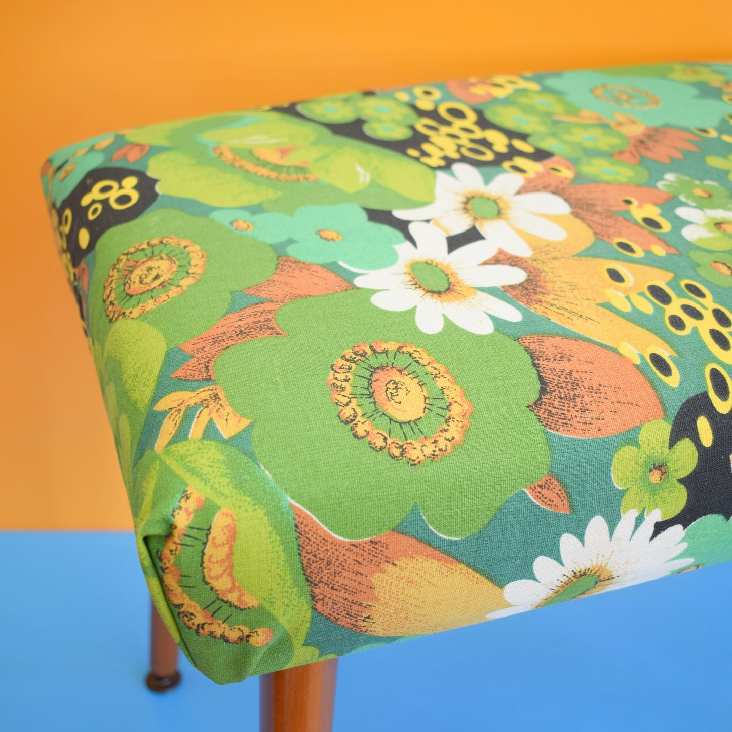Vintage 1960s Rectangular Stool - Green Flower Canvas