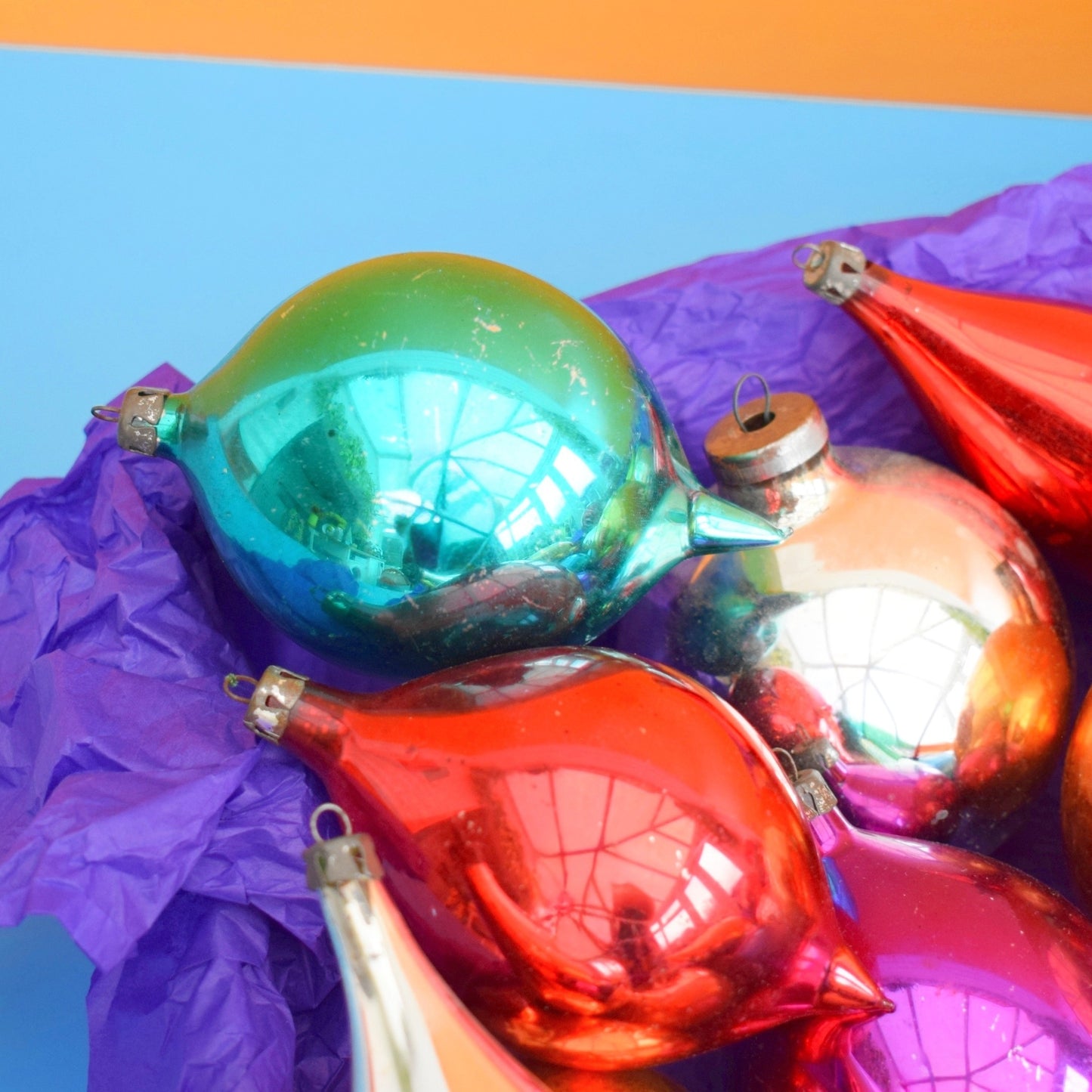 Vintage 1970s Glass Christmas Baubles - Large Tear Drops / Balls