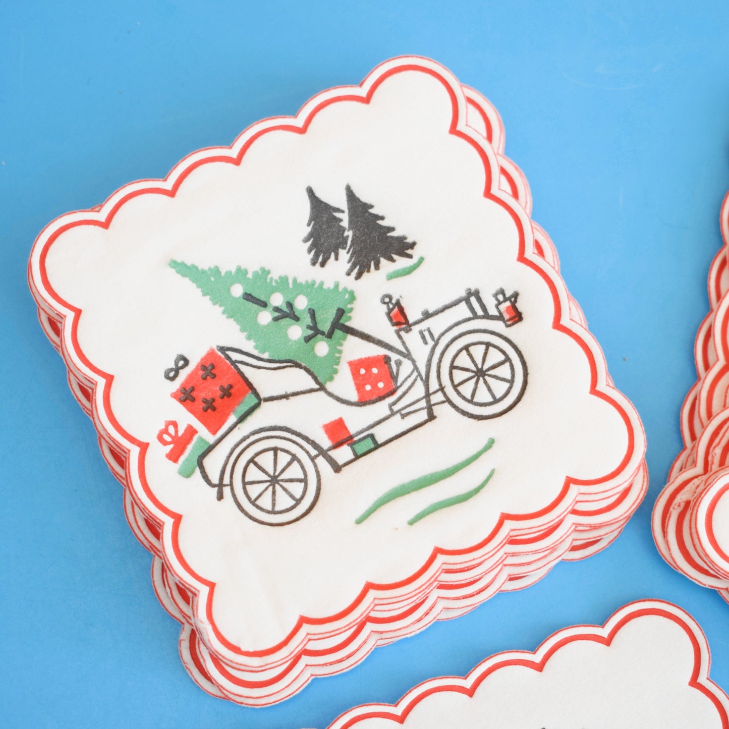 Vintage 1960s Kitsch Christmas Paper Coasters - Car x19 by Vintage