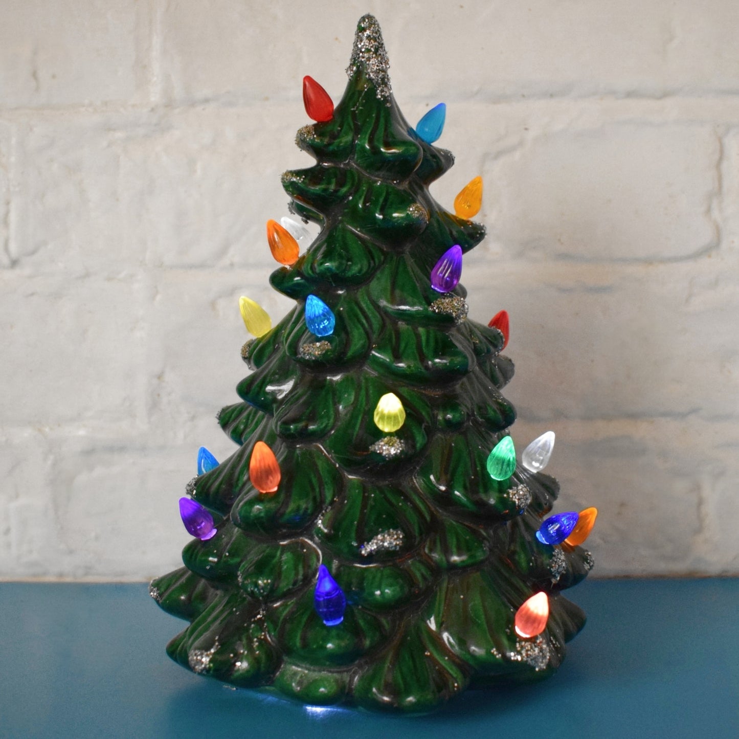 Vintage 1990s Mini Ceramic Christmas Tree Lamp - Rainbow Bulbs